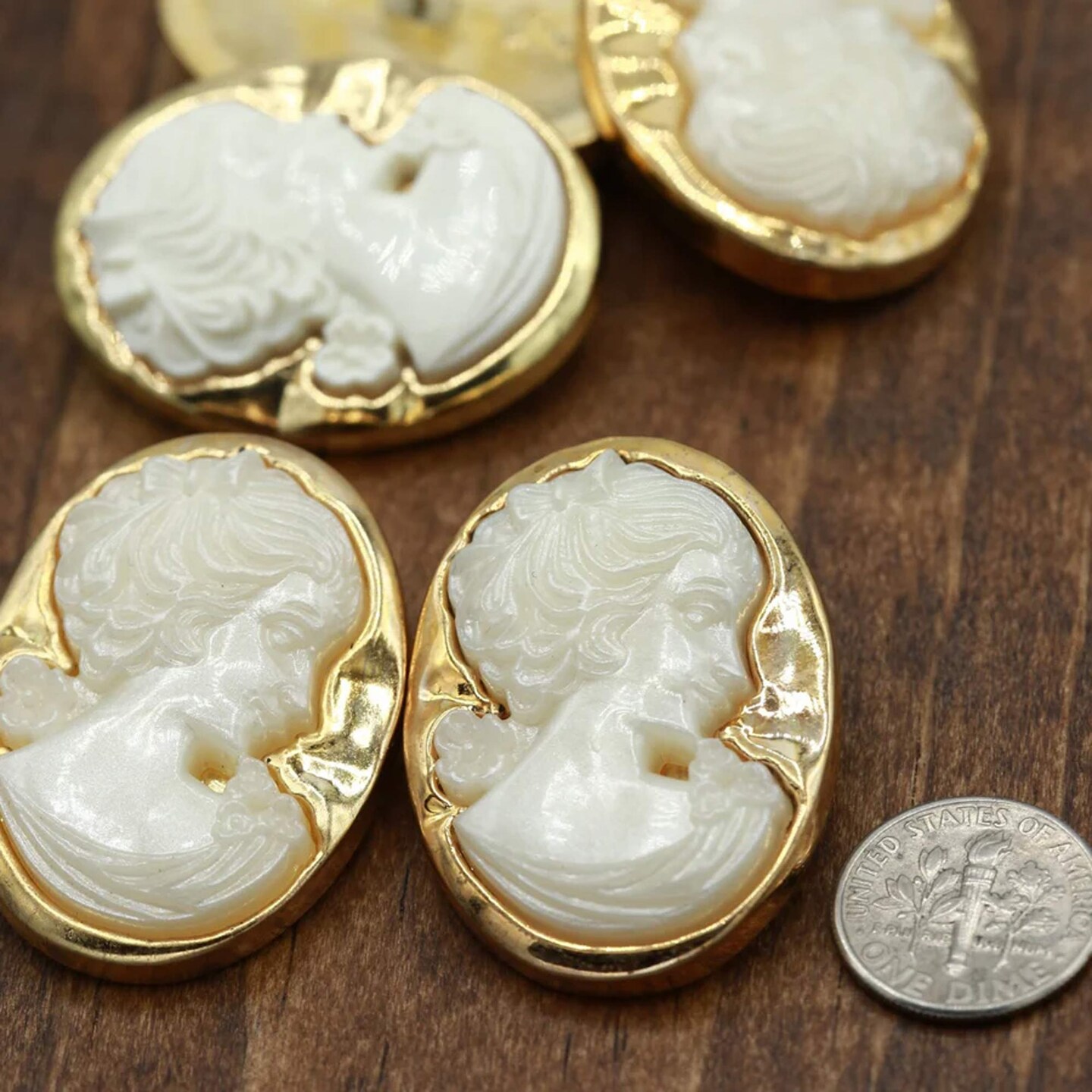 1 Pc Gold Background Ivory Female Face Plastic Cameo Button Vintage Silhouette Shank Loop
