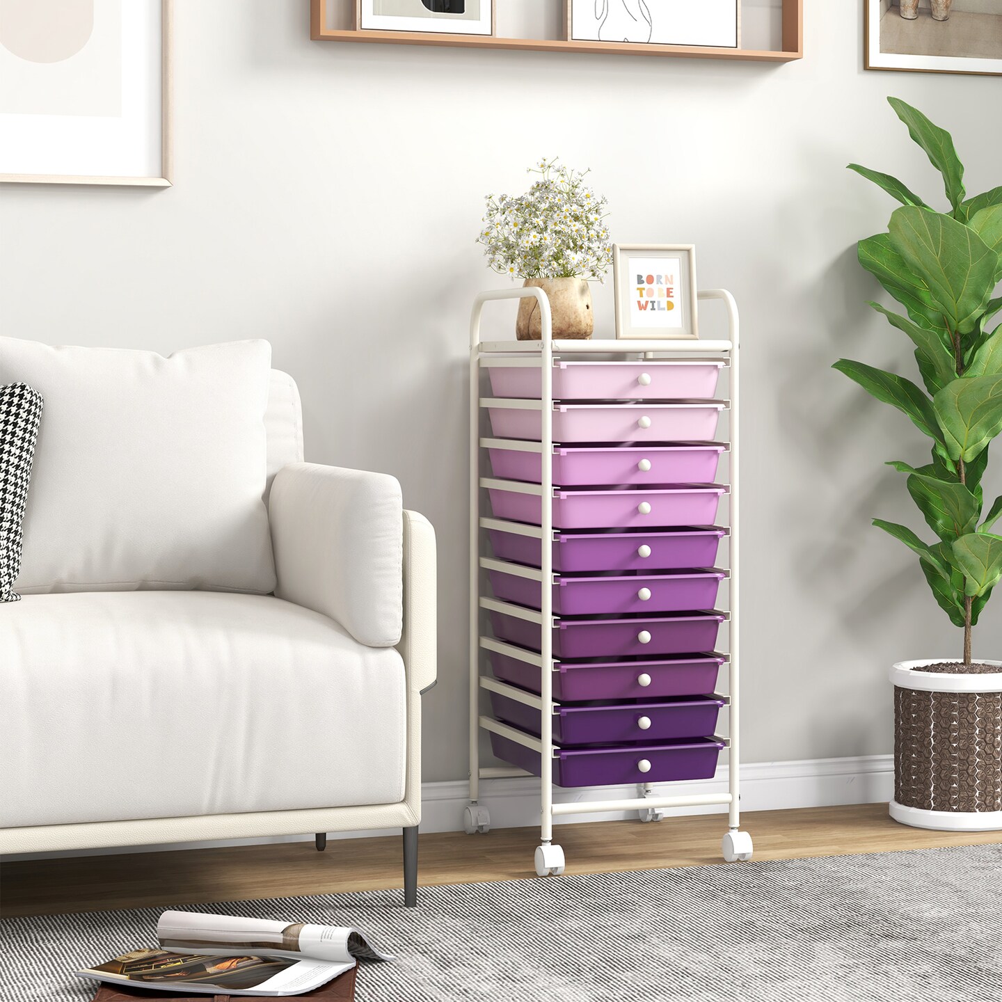 10-Drawer Rolling Storage Cart with Clear Drawers Steel Frame and Locking Wheels for Home or Office Use