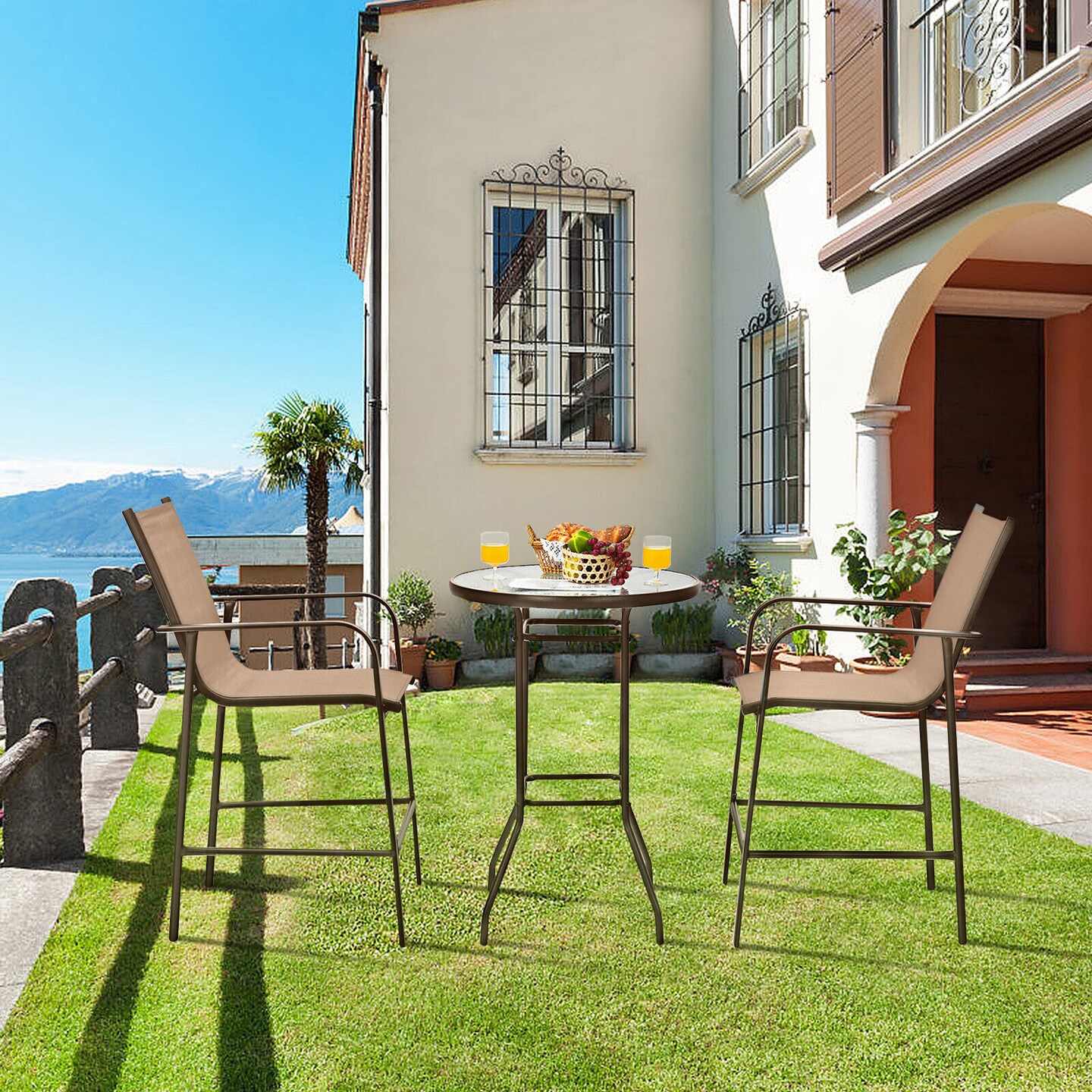 3-Piece Outdoor Patio Bar Set with 2 Stools & Tempered Glass Table, Brown Steel Frame & Breathable Fabric