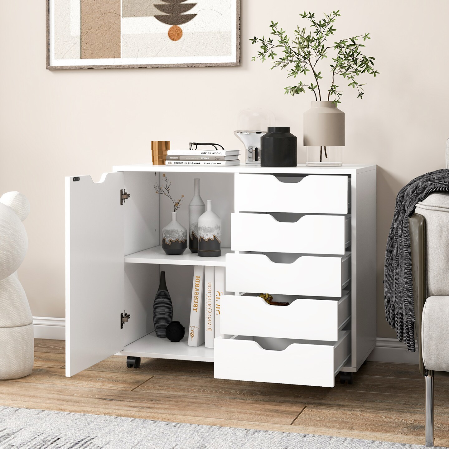 White Engineered Wood Storage Cabinet with Drawers and Swivel Casters