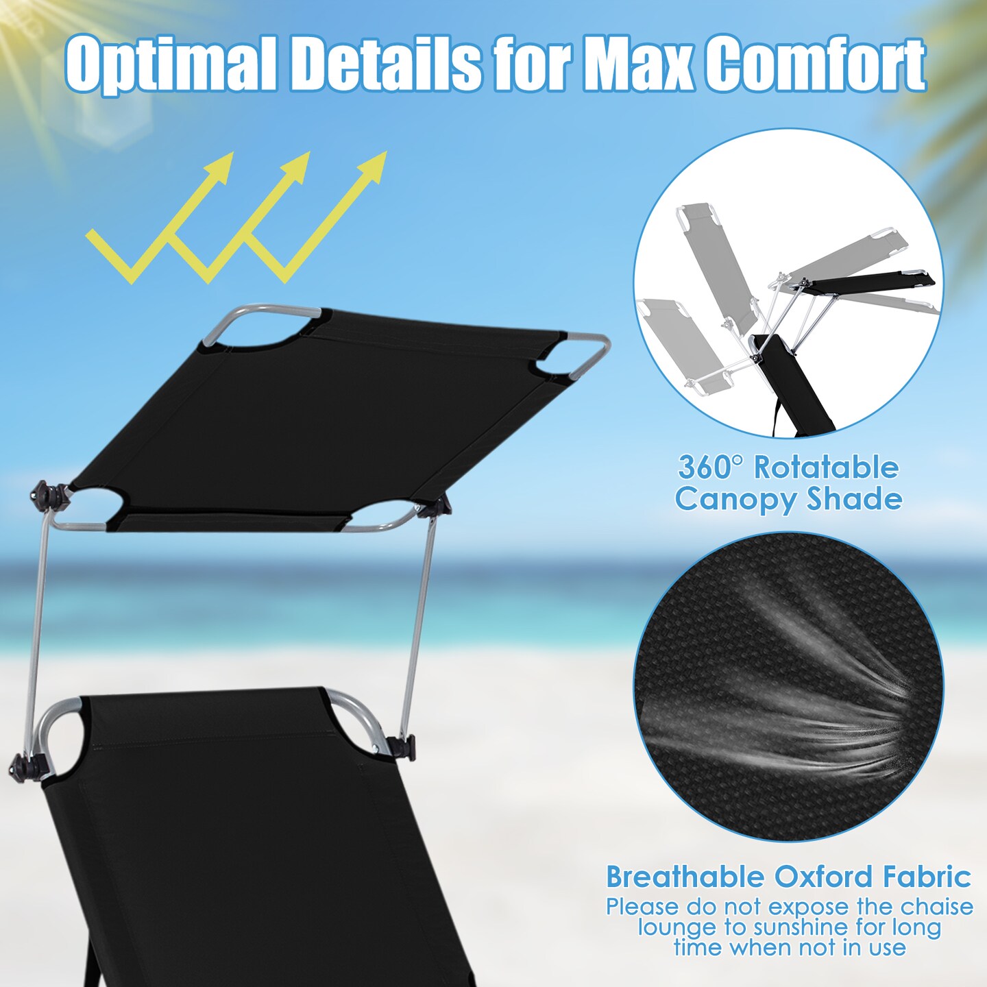 Set of 2 Portable Reclining Chair Set with Canopy and Storage Pocket