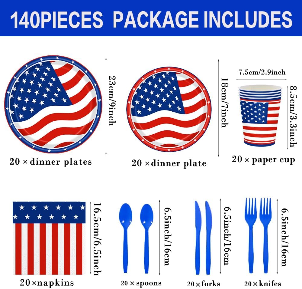 140Pcs 4th of July Party Supplies Tableware Set Independence Day Plates and Napkins for American Memorial Day Decorations Stars and Stripes Patriotic Decorations Paper Plates, Serves 20