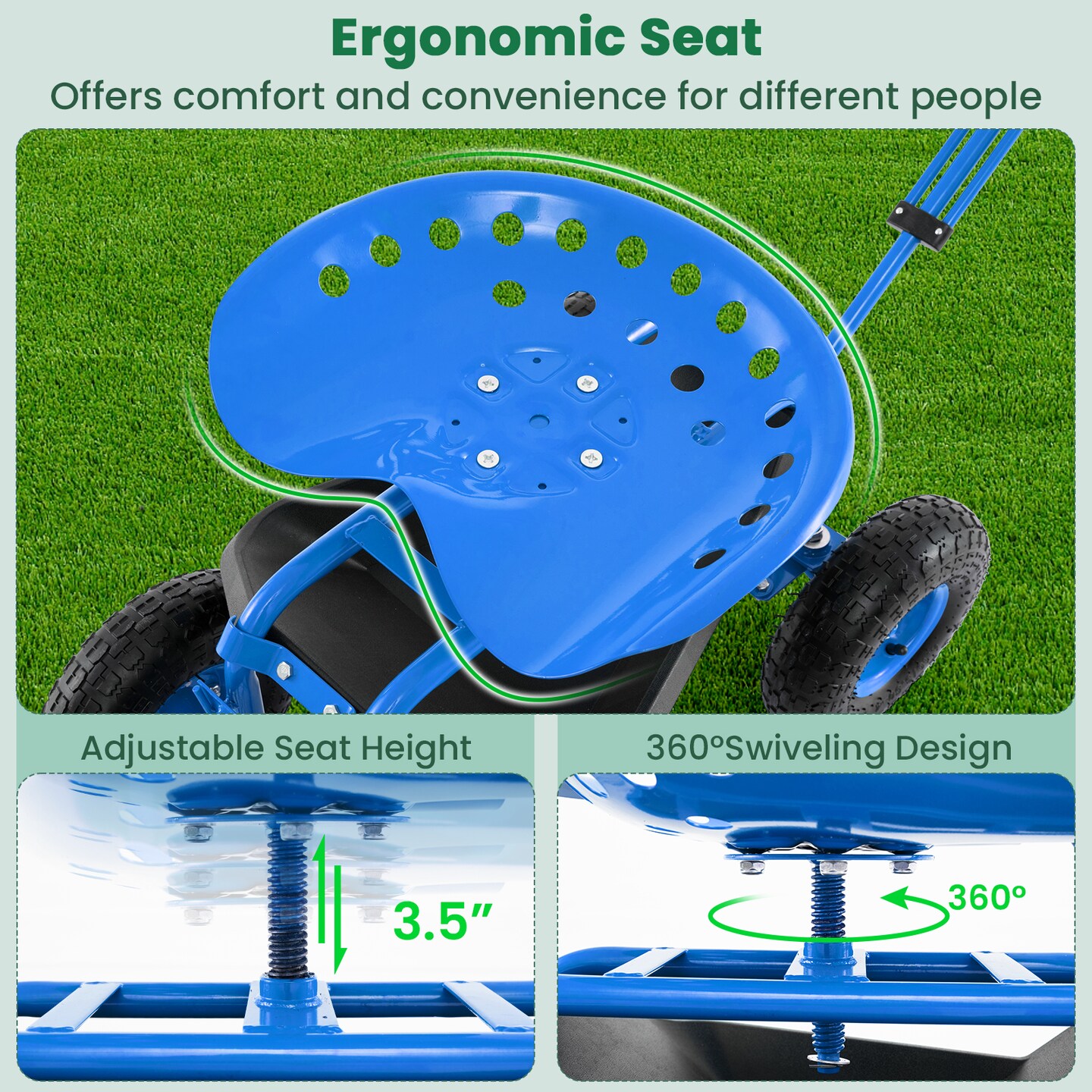 Multi-functional Garden Scooter Adjustable Swivel Seat Cart with Storage Basket and 10" Rubber Wheels