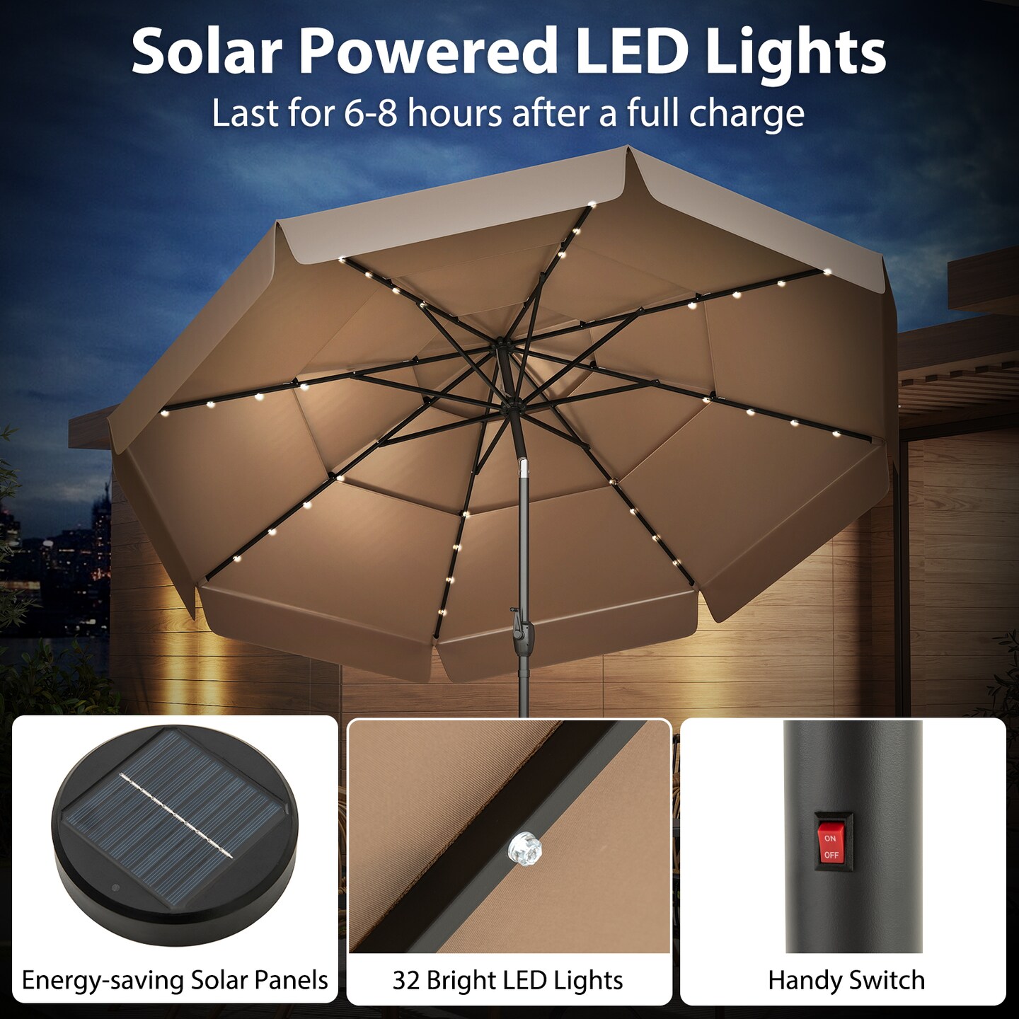 Polyester Solar LED 3-Tier Patio Umbrella with Tilt and 10x8.1 ft Shade