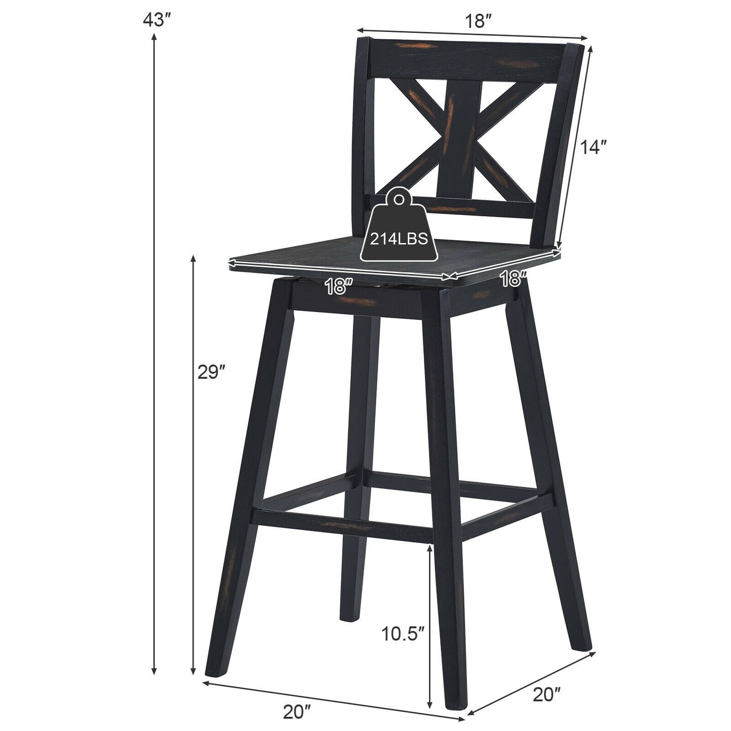 29" Tall Set of 2 Black Rubber wood Bar Stools with 360 Degree Rotating Seats and Ergonomic Back Support