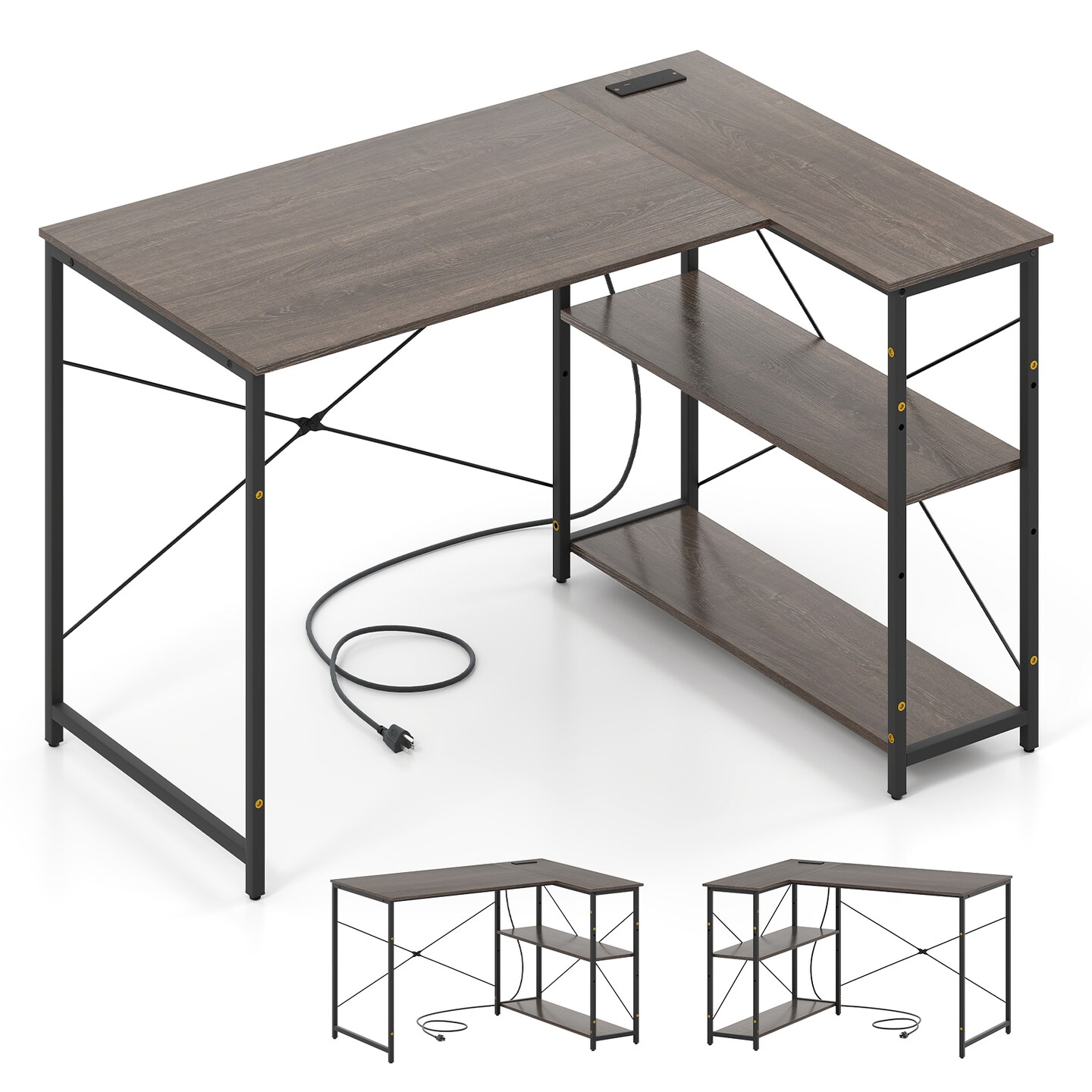 47 Inch L Shaped Computer Desk with Charging Station and Corner Storage Shelves
