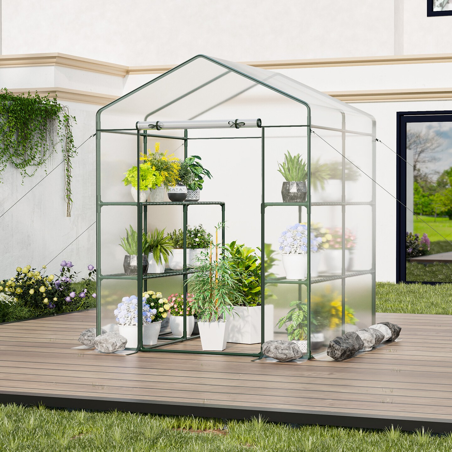 3-Tier Walk-In Greenhouse with Metal Frame Transparent Cover and Wind Ropes for Plant Growing
