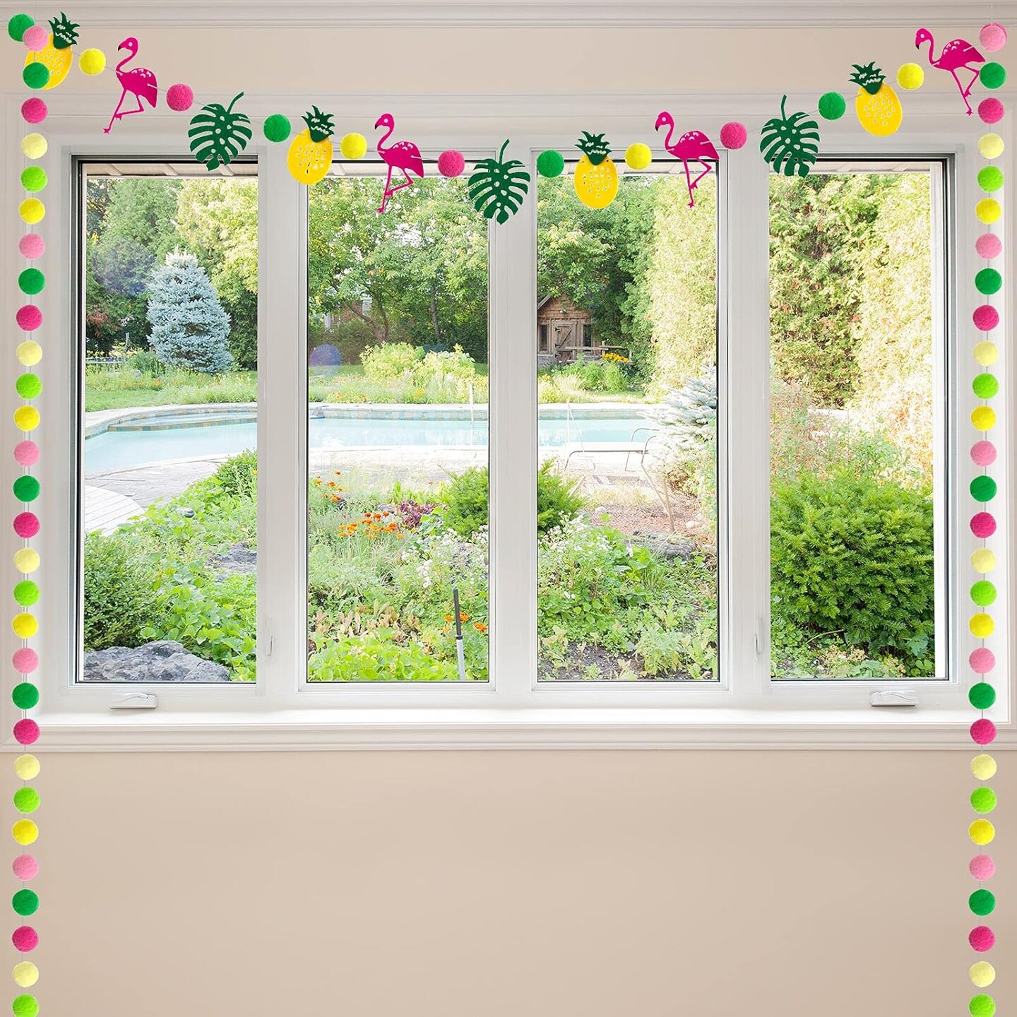 3 Pieces Hawaii Summer Hanging Pompom Ball Garland Tropical Flamingo Pineapple Party Banner Set Aloha Banner Flamingo Flower Garland Banner for Hawaiian