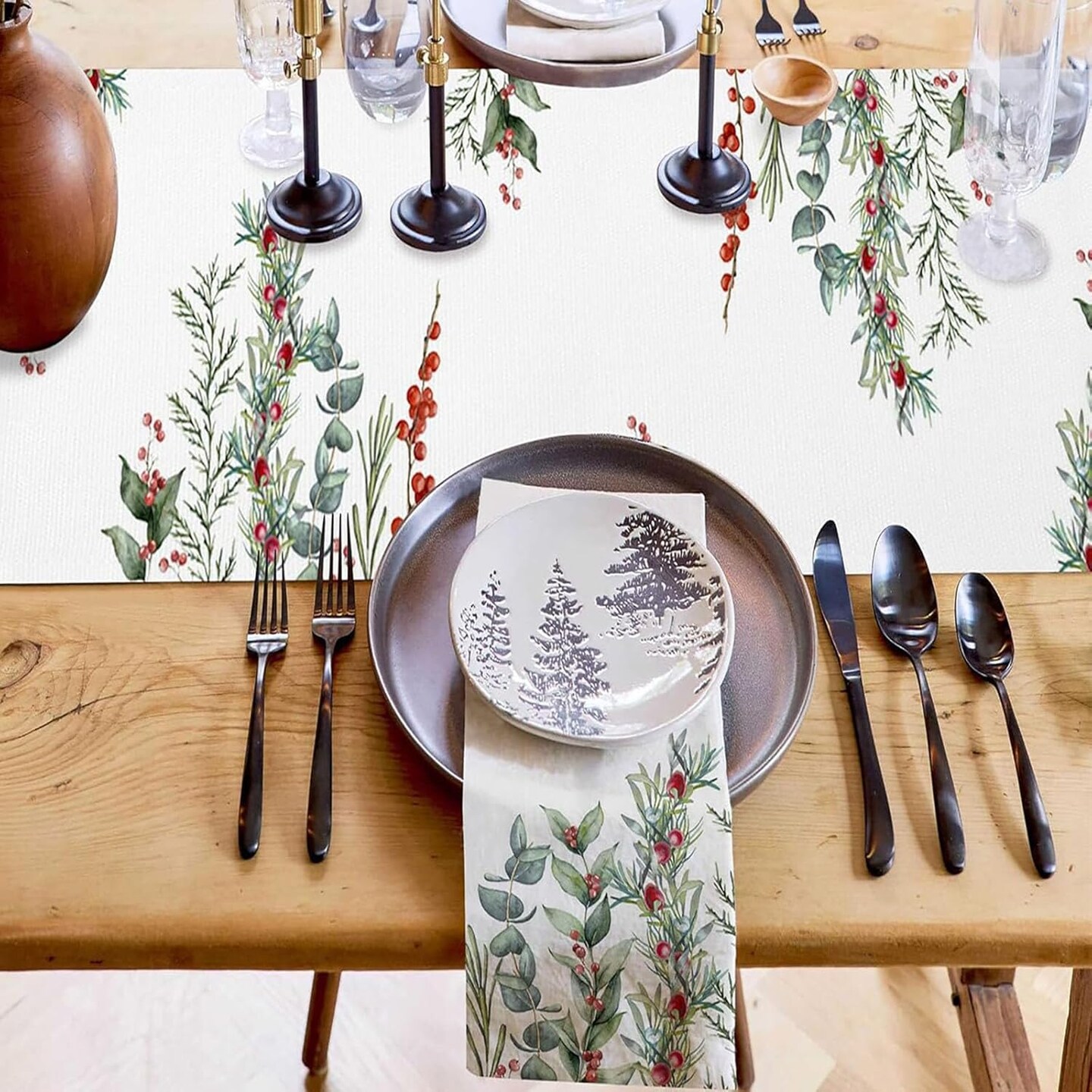 Christmas Holly Pine Cone Needle Branch Berry Table Runner for Seasonal Winter Kitchen Dining Table Decoration for Xmas Party Farmhouse Winter Holiday Favor Supplies (13 x 72 Inch)