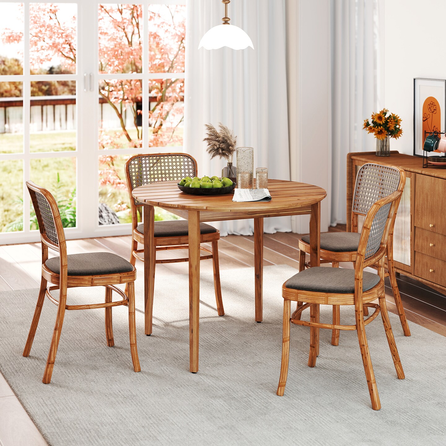 36" Round Acacia Wood Patio Dining Table with Triangular Support Perfect for Seats 4 Comfortably