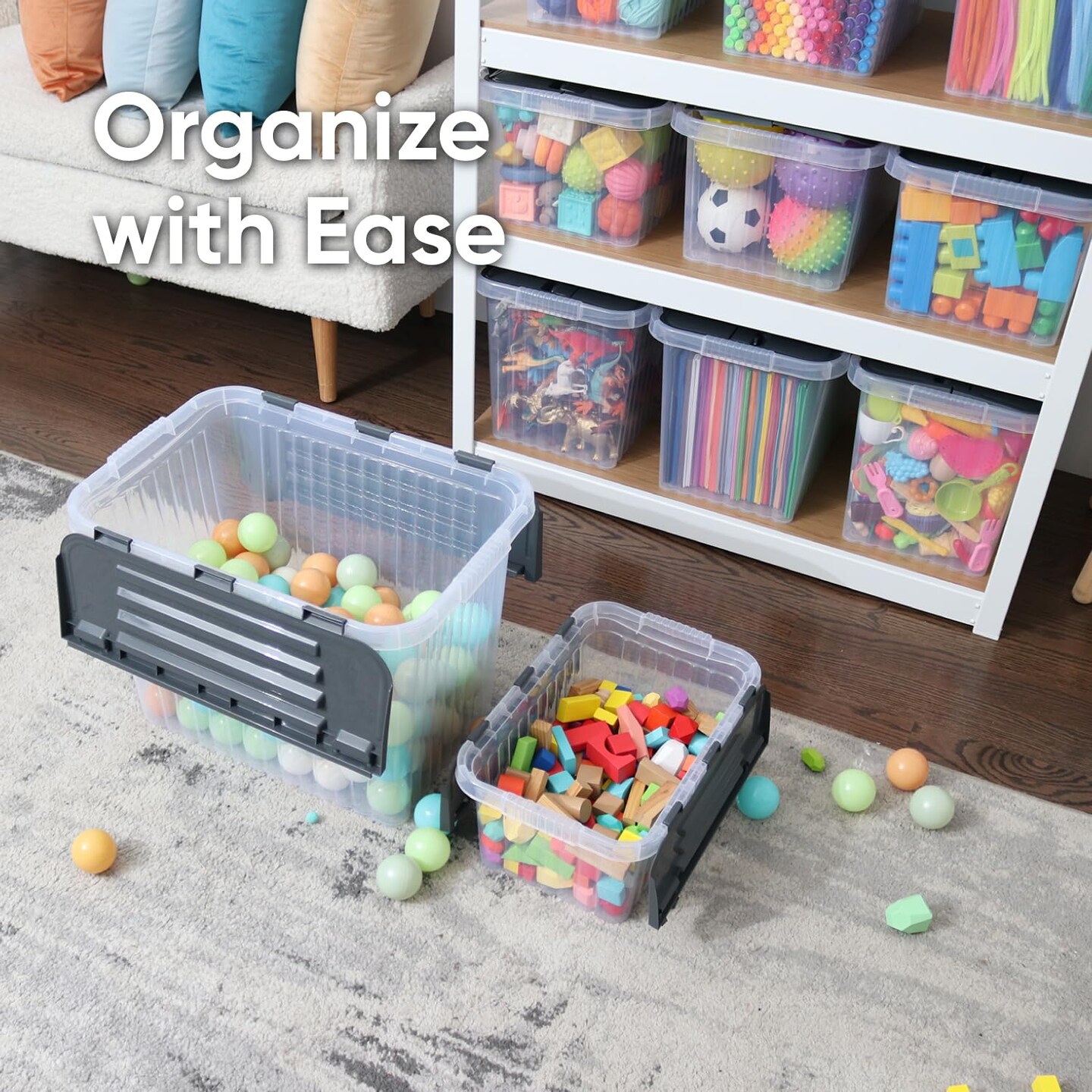 Superio Storage Box with Hinged Lids, Plastic Container Bins for Organizing with Attached Lid, Stackable Crates, BPA Free, Organizers for Home, Office, Dorm