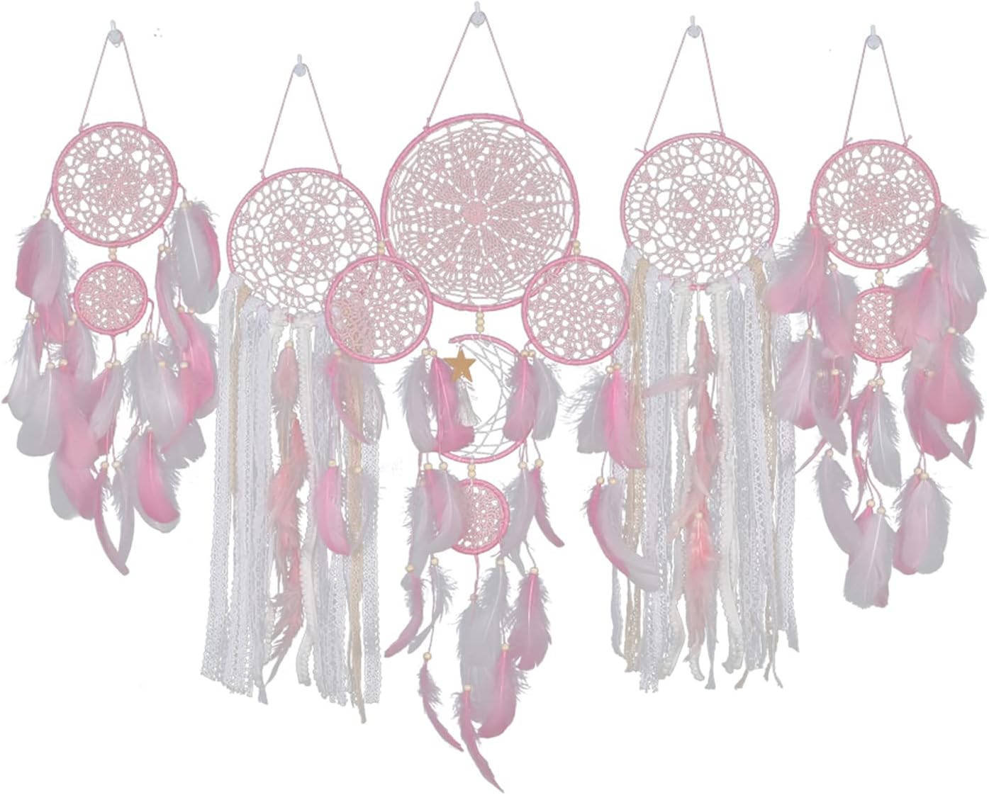 Pink Dreamcatcher Moon Hanging Over The Bed, Handmade Macrame Woven Boho Dream Catcher for Bedroom Room Decor