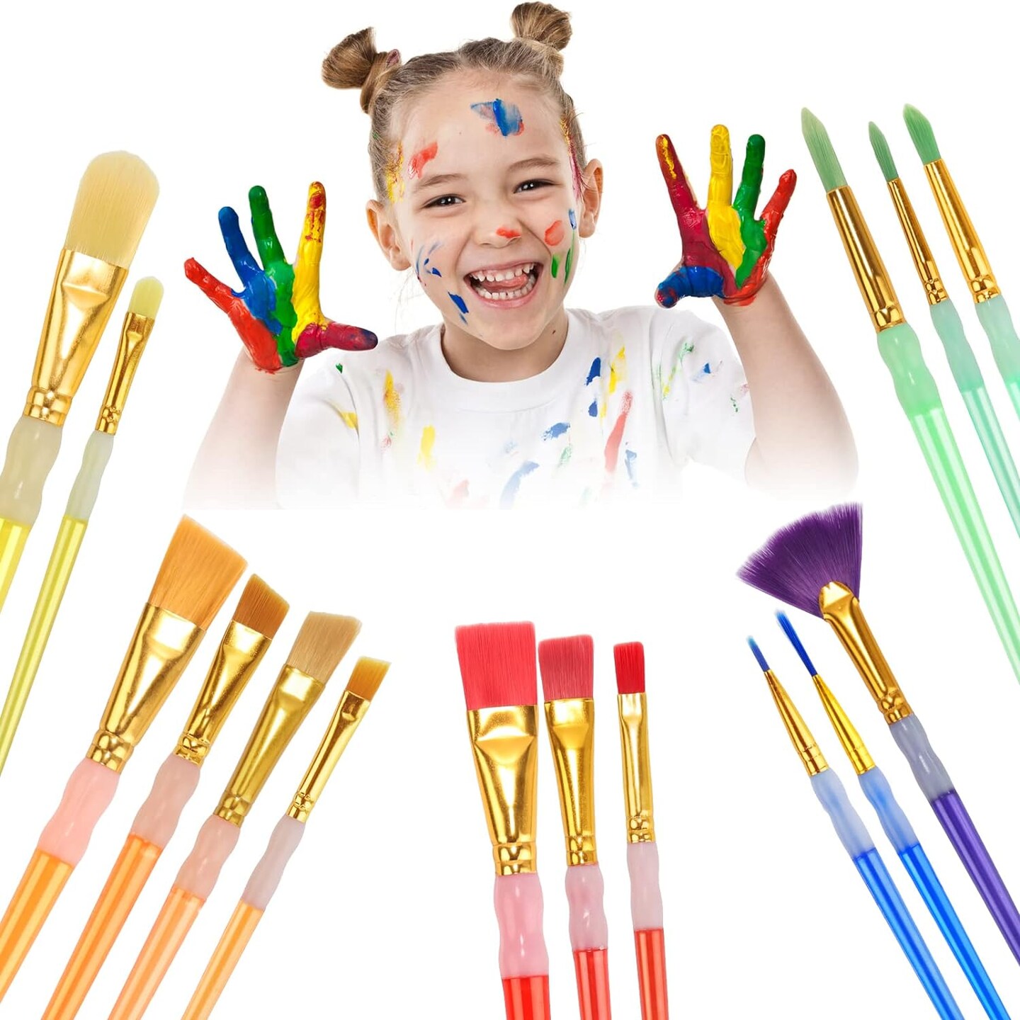 15Pcs Paint Brushes Value Pack, Includes 15 Different Types of Brushes, Nylon Colorful Hair with Silicone Crystal Penholder