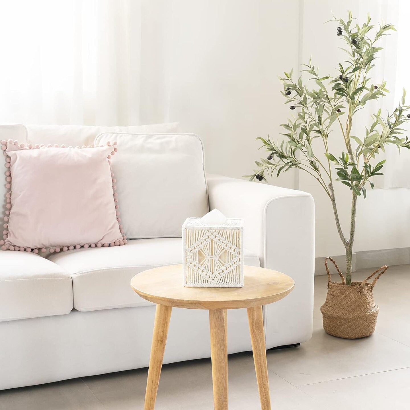 Tissue Box Cover Macrame Square Open-Bottom Tissue Box Holder (Ivory)