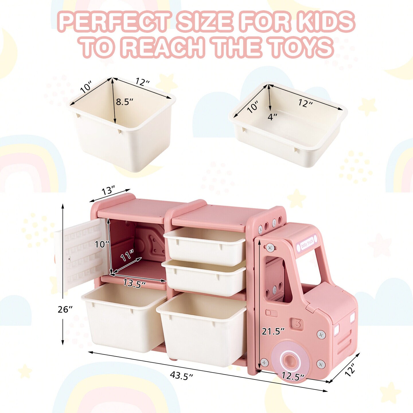 Kids Truck Storage Organizer with Plastic Bins and Toy Cabinet
