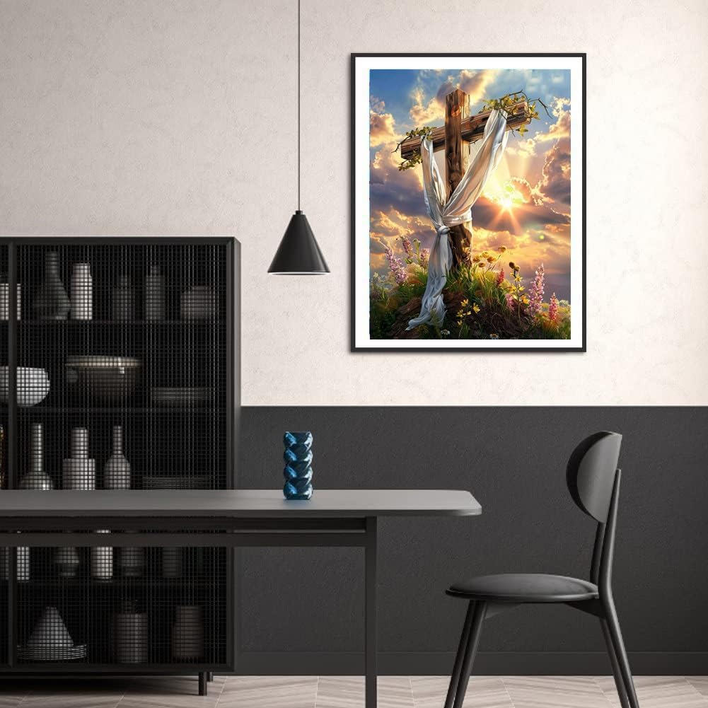 Sky Cross Diamond Painting by Numbers, 5D Full Round Drill God Cross Diamond Painting Cross Stitch Kit, Prayer Cross Diamond Painting Kits for Adult Home Wall Art Decor (30X40 CM)