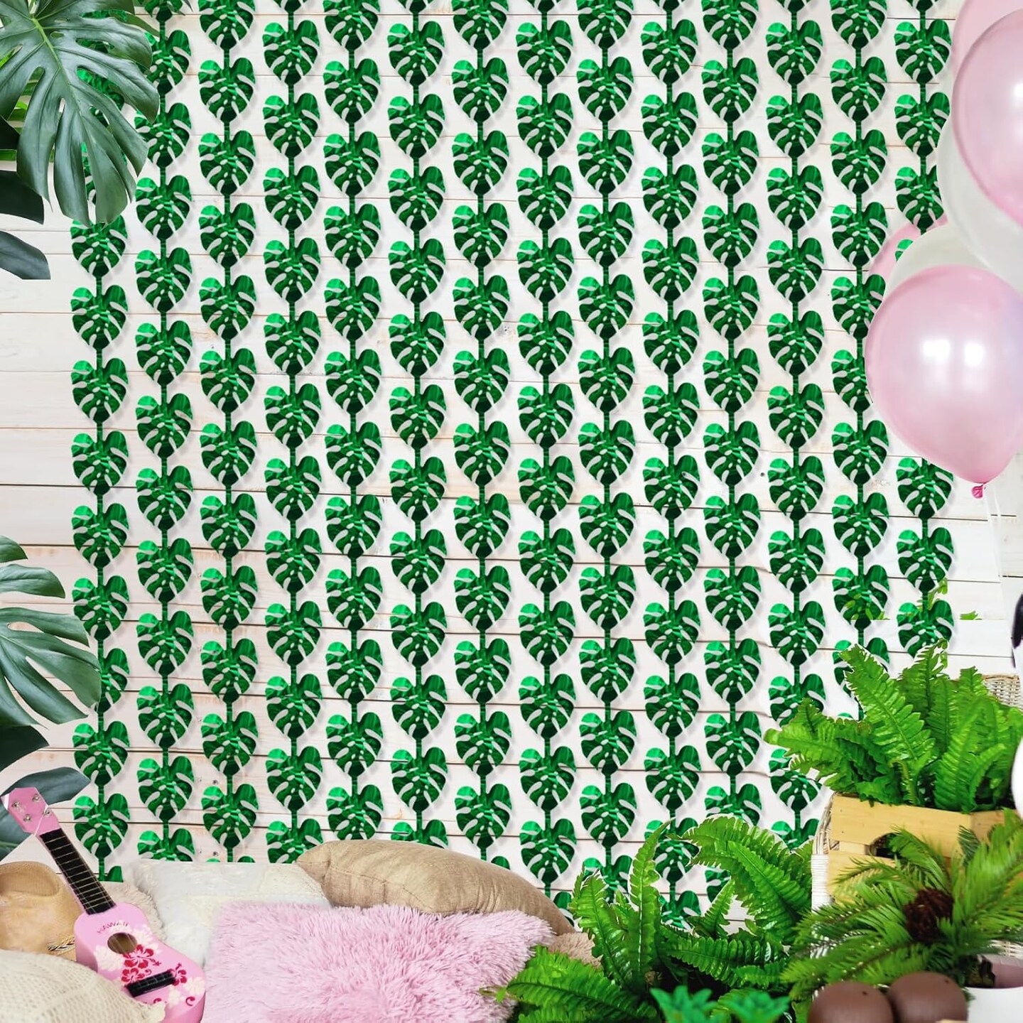 Tropical Luau Party Decorations 2Pack of 3.3x6.6ft Green Tropical Palm Leaves Photo Booth Prop Jungle Leaf Foil Fringe Curtain,Photo Backdrop for Safari Birthday Decorations Hawaiian Themed Dino Party