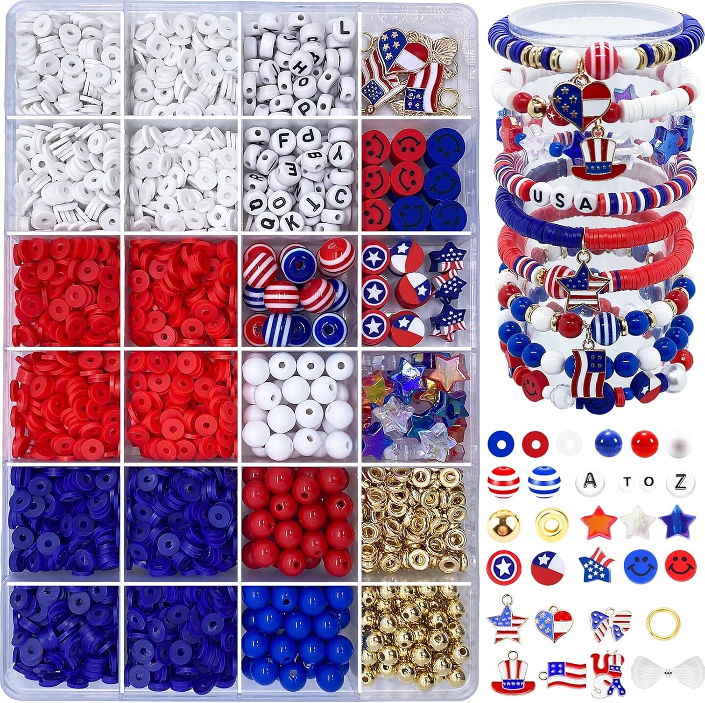 Red White Blue Beads Bracelet Making Kit, 3000＋ 4th of July Clay Beads Heishi Round Acrylic Gold Spacer Letter Beads for Jewelry Making, Friendship Bracelet Bead Ki with Charms for DIY Crafts