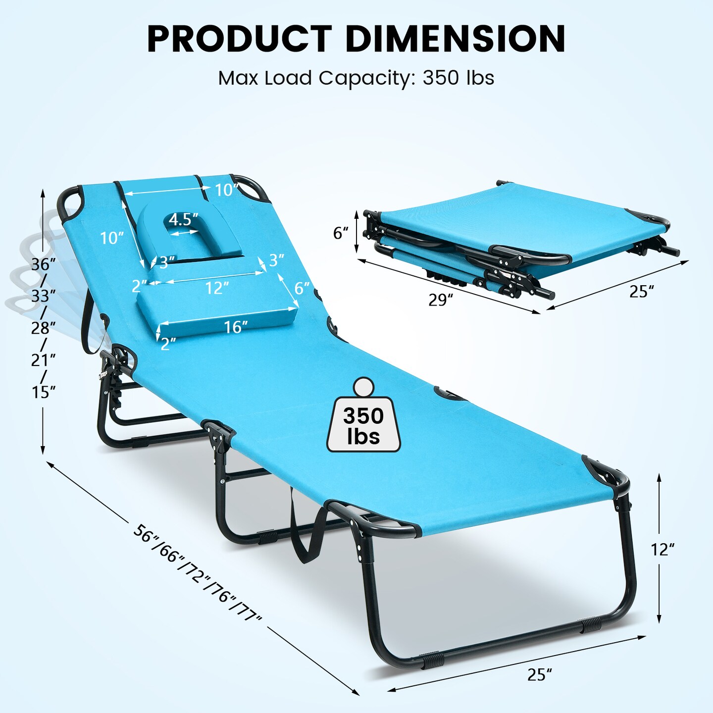5-Position Adjustable Foldable Chaise Lounge Chair with Removable Pillows and Face Hole for Outdoors