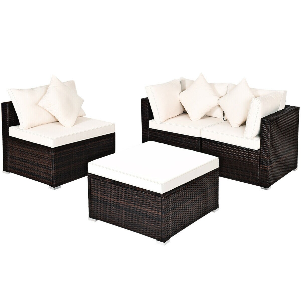 4-Piece White Cushion PE Rattan Outdoor Sectional Sofa Set Modular Wicker Patio Furniture with Ottoman