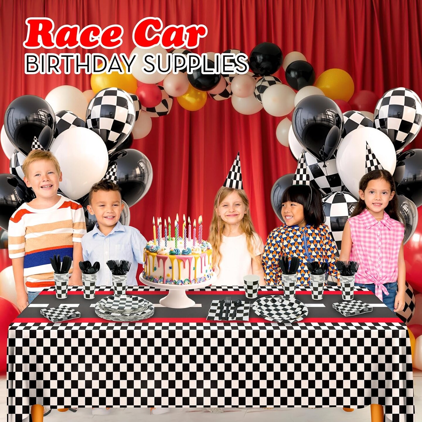 4E&#x27;s Novelty 24 Pcs Checkered Party Supplies and Accessories like Checkered Flag Plates, Checkered Paper Cups, Checkered Flag Napkins, Cutlery - Race Car Party Plates For Different Special Occasions
