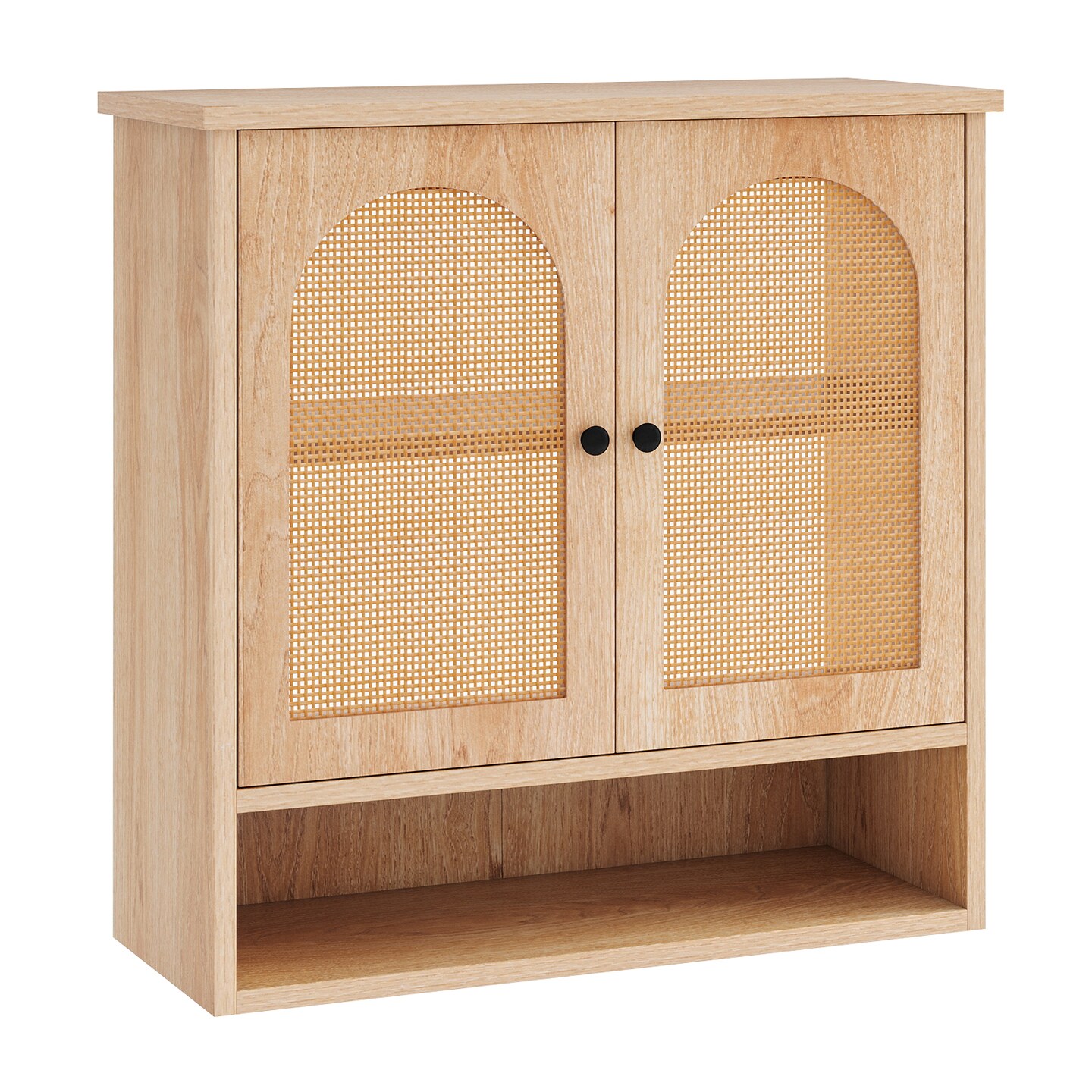 Natural MDF Wall Cabinet with Rattan Doors and Adjustable Shelves and Open Storage