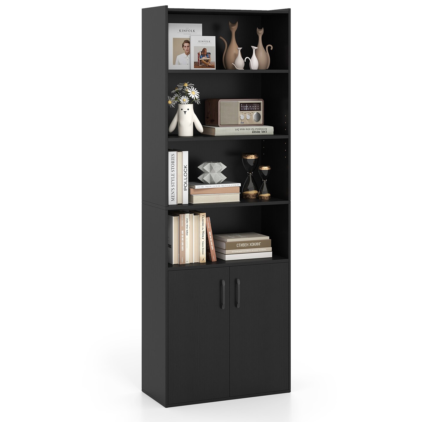 Tall Black Bookcase with Doors 6-Tier Storage Cabinet with Adjustable Shelves for Home Office