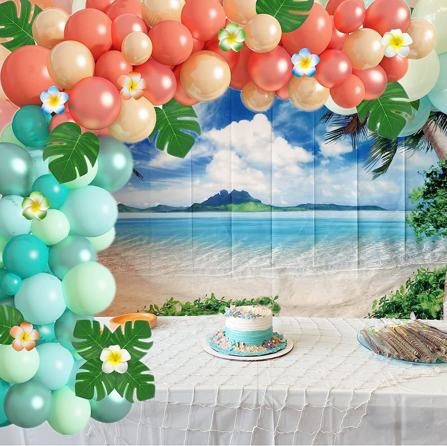 Tropical Balloon Garland Arch Kit, 12"10"5" Rose Gold Blush Blue Balloons Artificial Palm Leaves Plumeria for Magic Theme Birthday Party Supplies Baby Shower Hawaii Luau Party Decorations