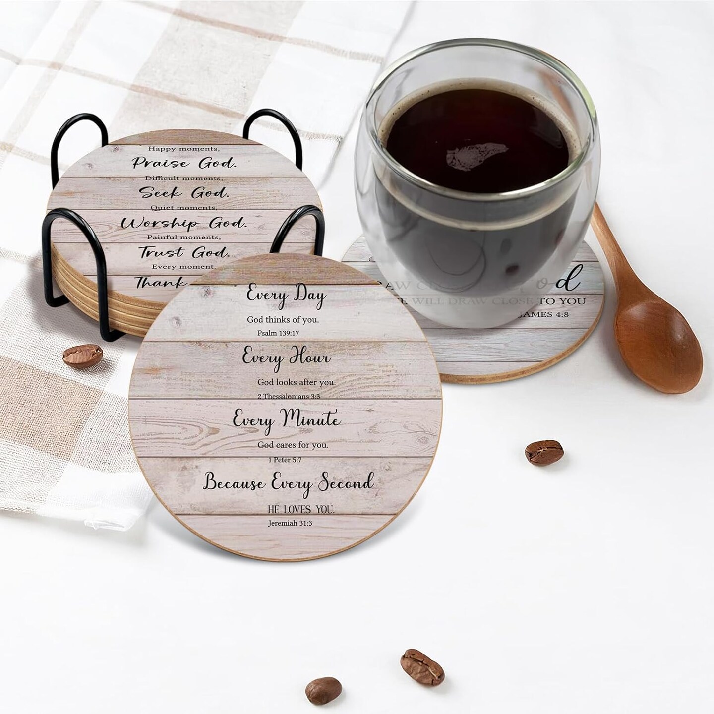 Bible Verses Coasters With Holder Set of 6 - Christian Gifts for Women, Cork Drink Coasters for Coffee Table Home Decor