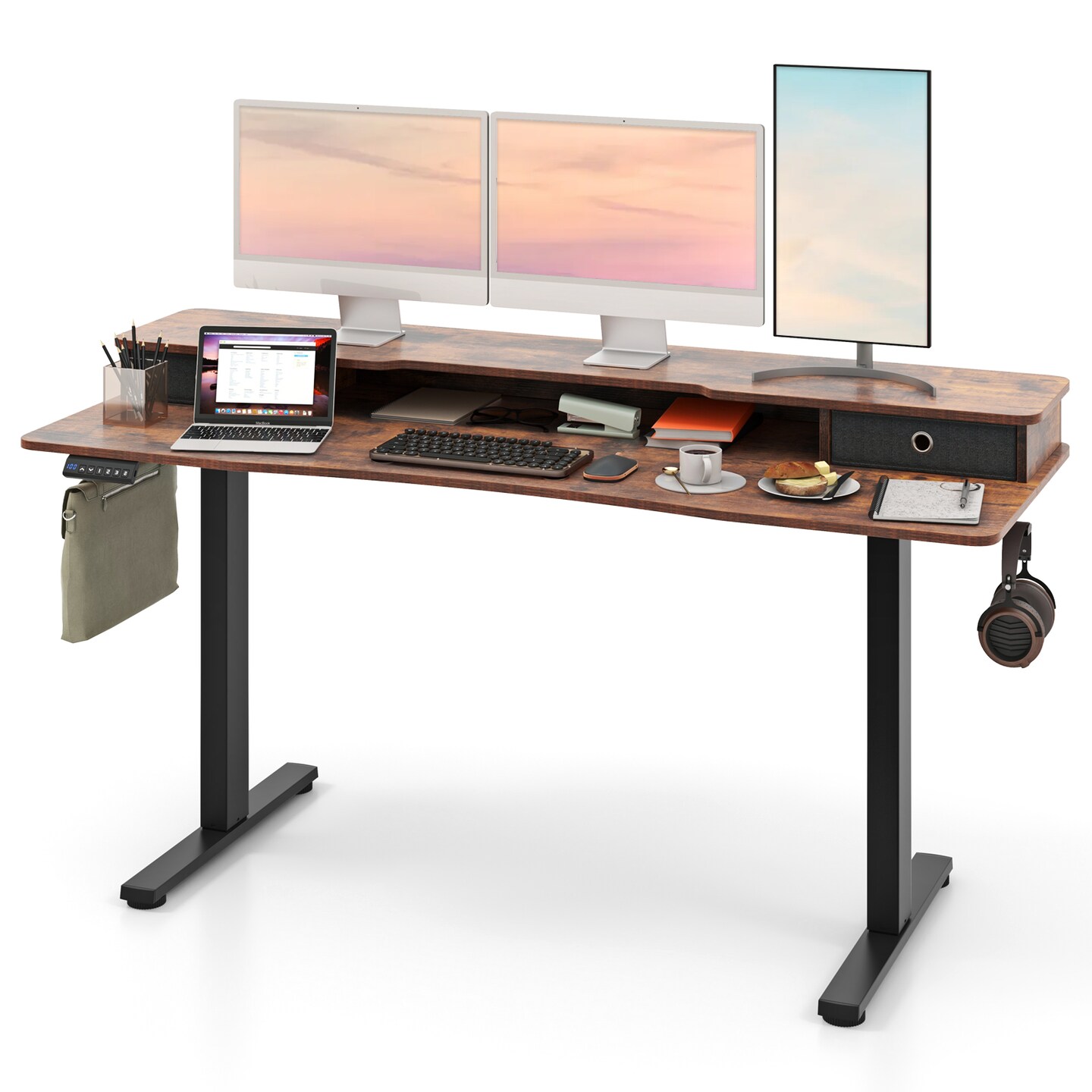 Electric Standing Desk with Adjustable Height, Drawers and Ergonomic Monitor Stand