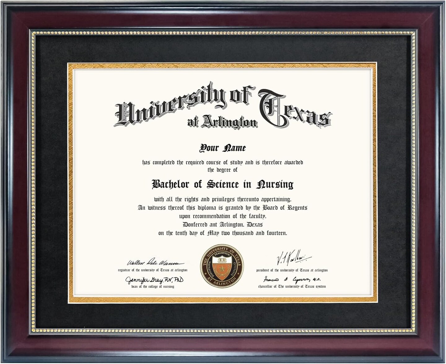 8.5x11 Diploma Frame with Black over Gold Mat or Display 11x14 Document without Mat, UV Protection Acrylic, Mahogany with Gold Beads