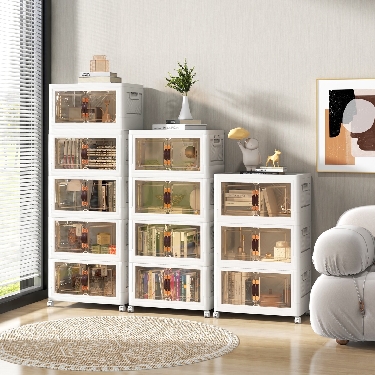 White-Brown 3 Height Adjustable Stackable Storage Bins with Foldable and Magnetic Snap Closure