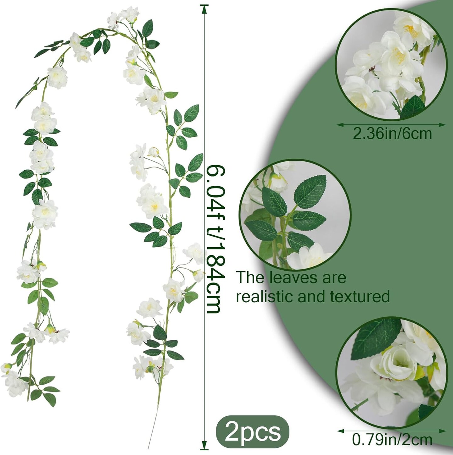 2 Pcs Artificial Flowers Garland for 0utdoors White Faux Gardenia Garland 12Ft Silk Rose Hanging Vines Floral for Wedding Arch Party Wall Garden Ceremony Backdrop Fence Spring Decor