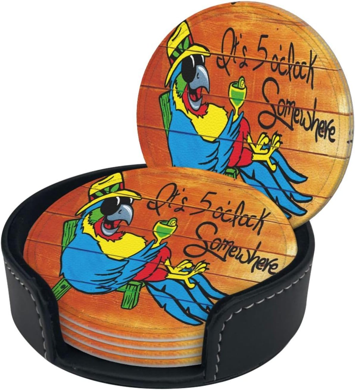 It&#x27;s 5 O&#x27;Clock Somewhere Coasters Set of 6 Pu Leather Drinks Coaster with Holder for Coffee Table Kitchen Table Bar Home &#x26; Office Gifts Decor, Colour1