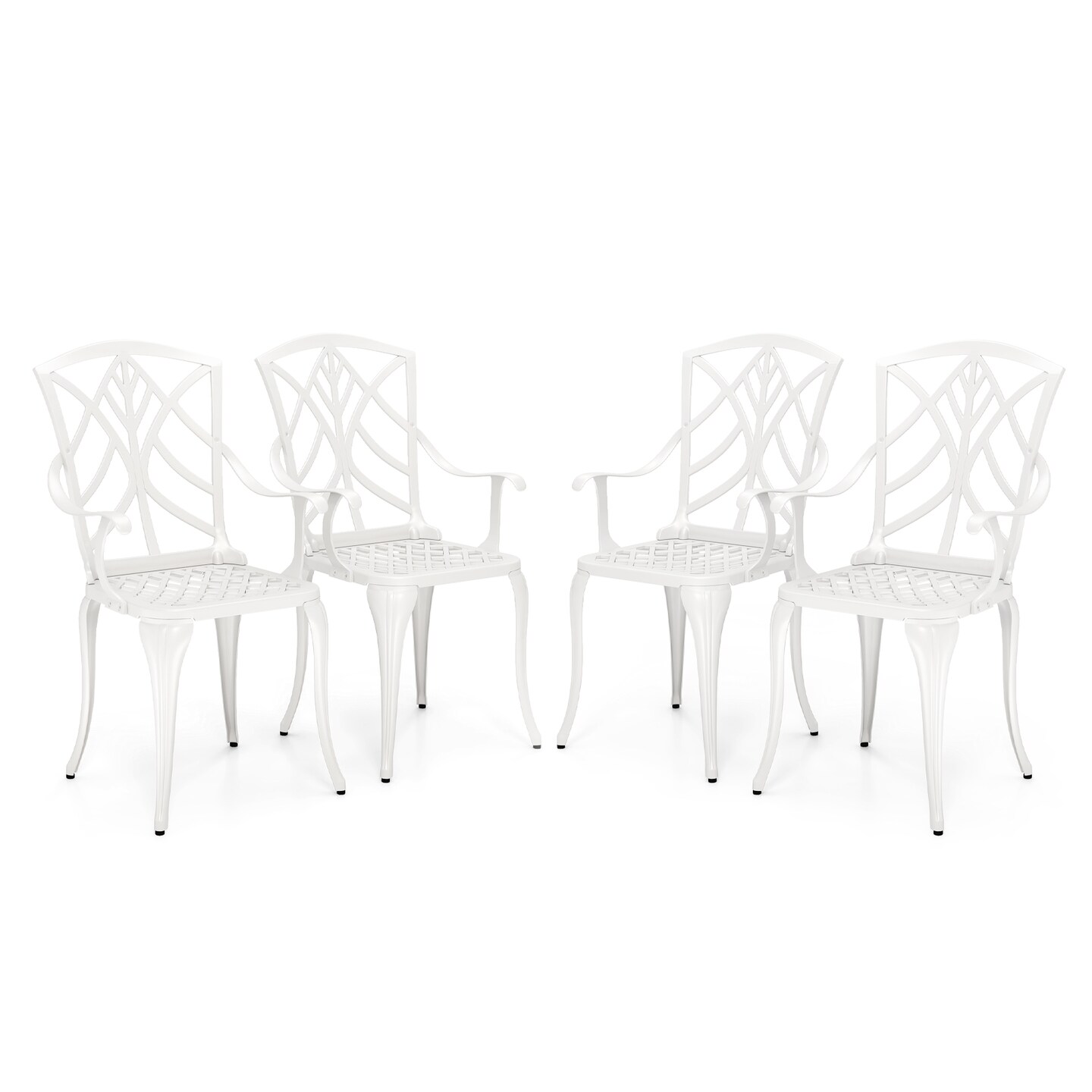 White Cast Aluminum Patio Chairs Set of 4 with Ergonomic Armrests and Adjustable Feet