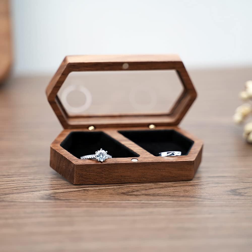 Wooden Ring Box for Wedding Ceremony, Engagement Ring Box for Proposal, Jewelry Organizer, Jewelry Display Box with 2 Slots, Wedding Keepsake Storage