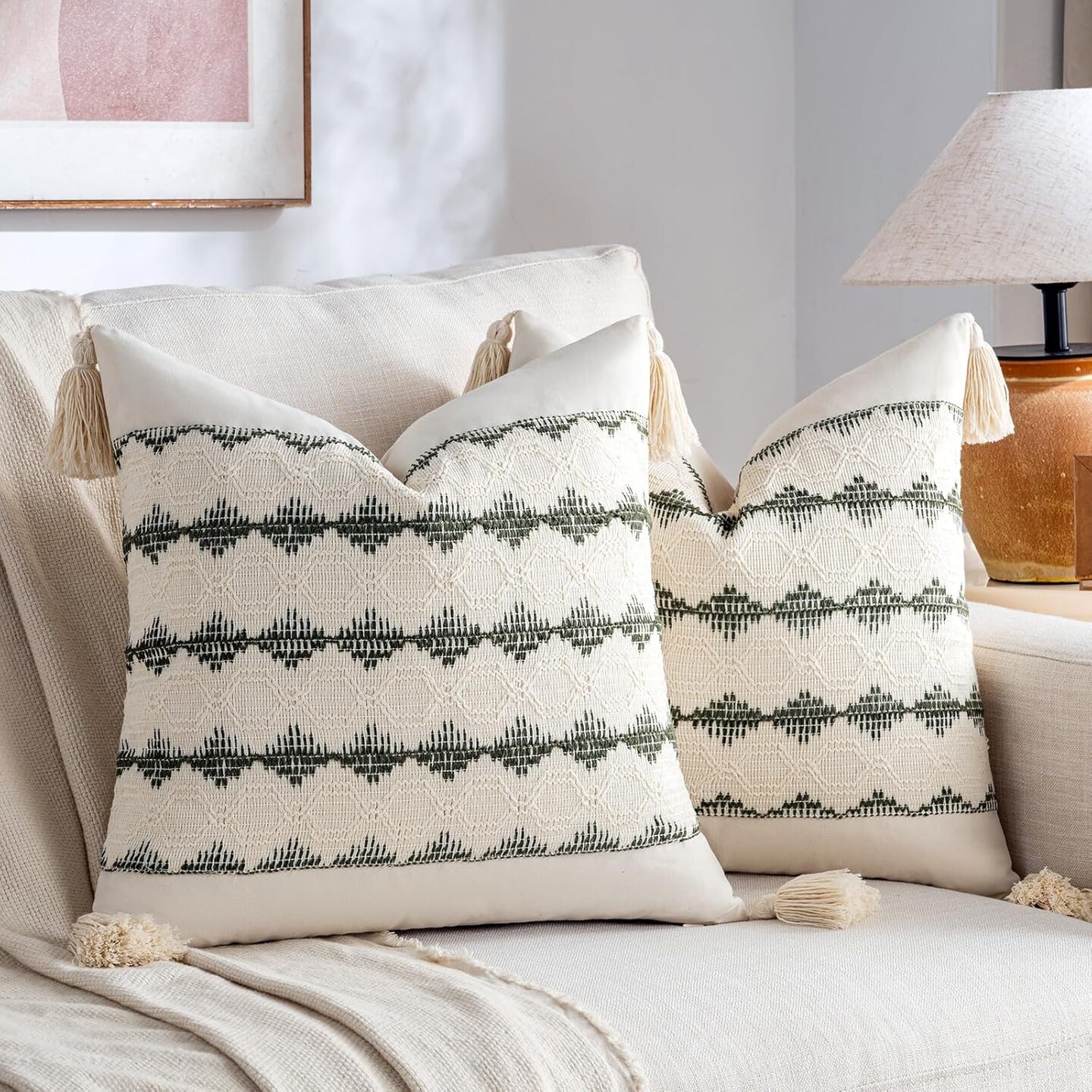 Set of 2 Boho Olive Green Decorative Throw Pillow Cover 18x18 Inch