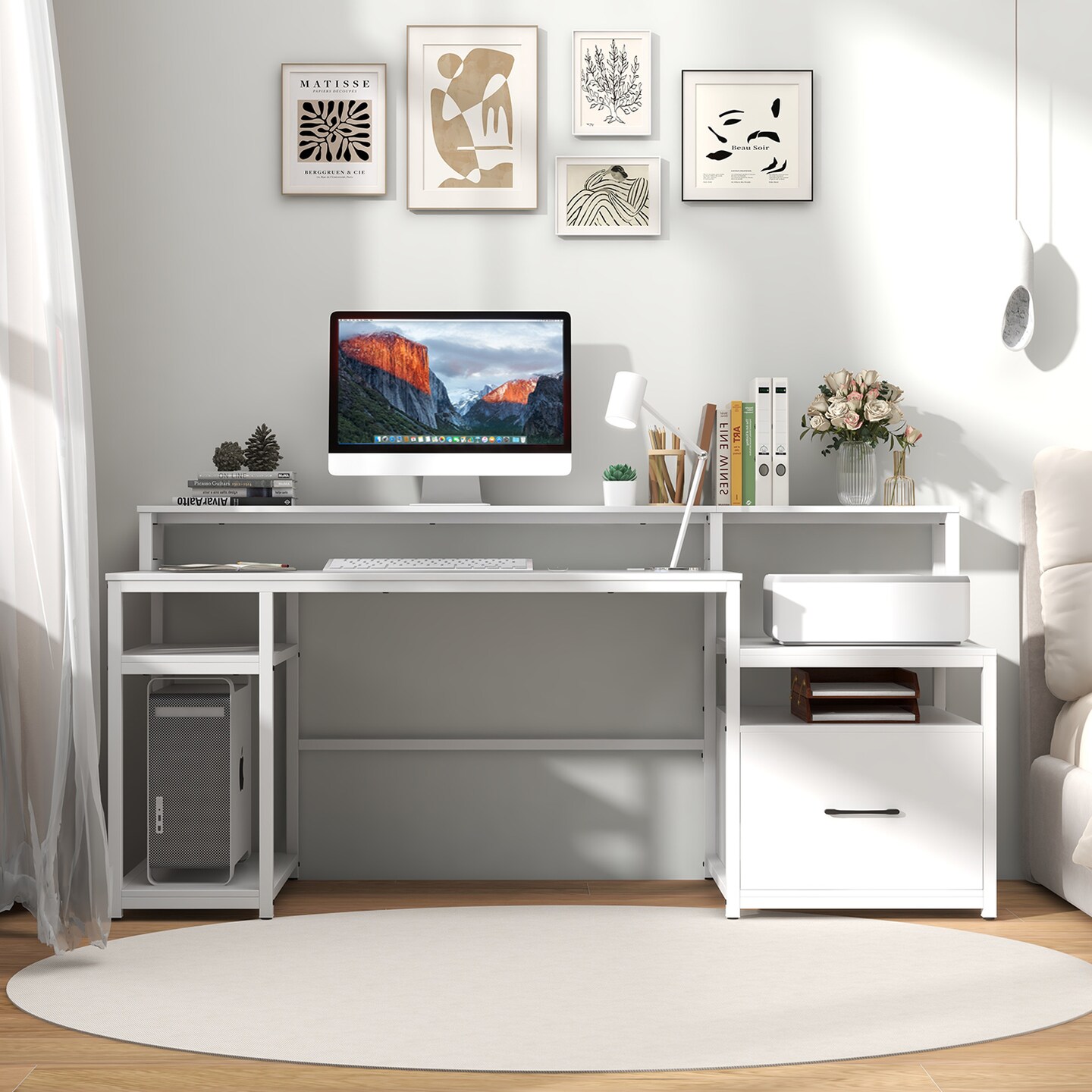 Modern 67 Inch Computer Desk with File Drawer and Charging Ports for Office