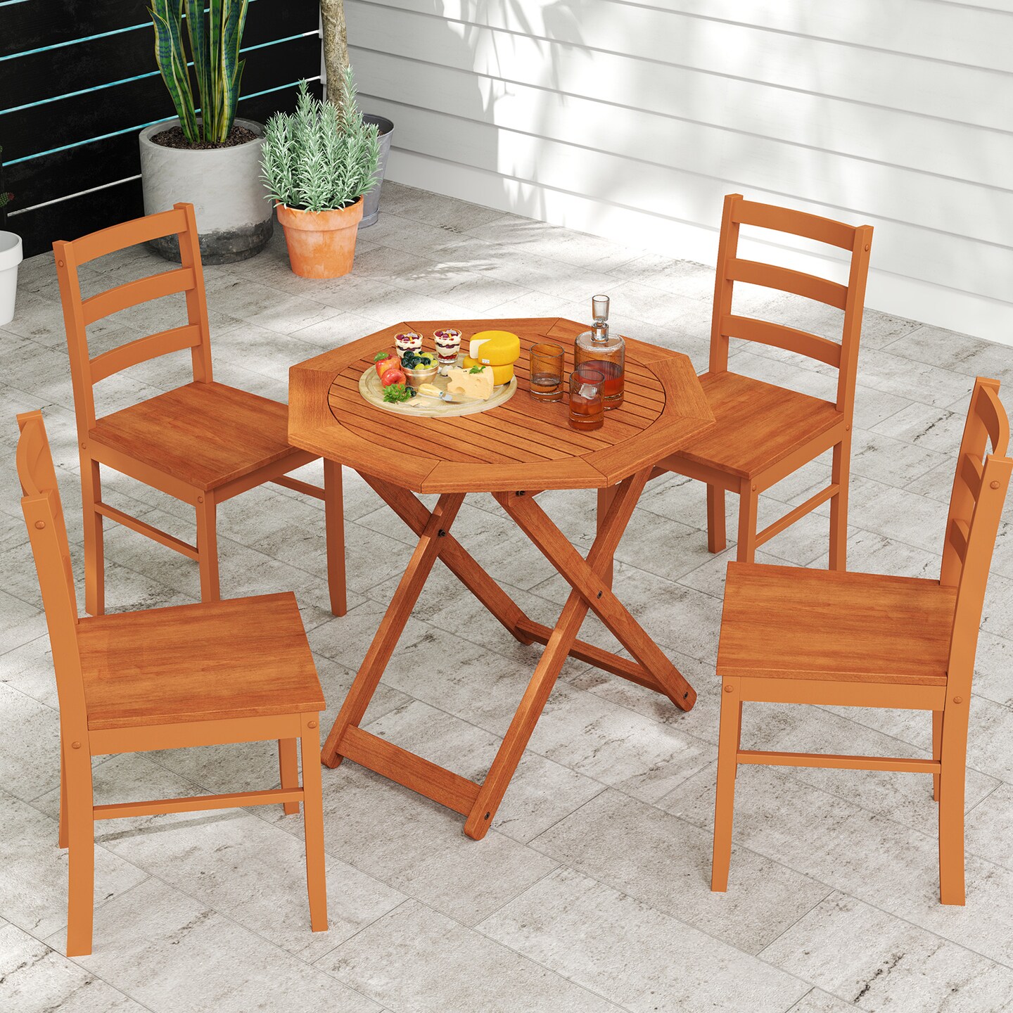 Space-Saving Solid Shorea Wood Foldable Patio Table with Umbrella Hole and Octagon Shape Seats Four People