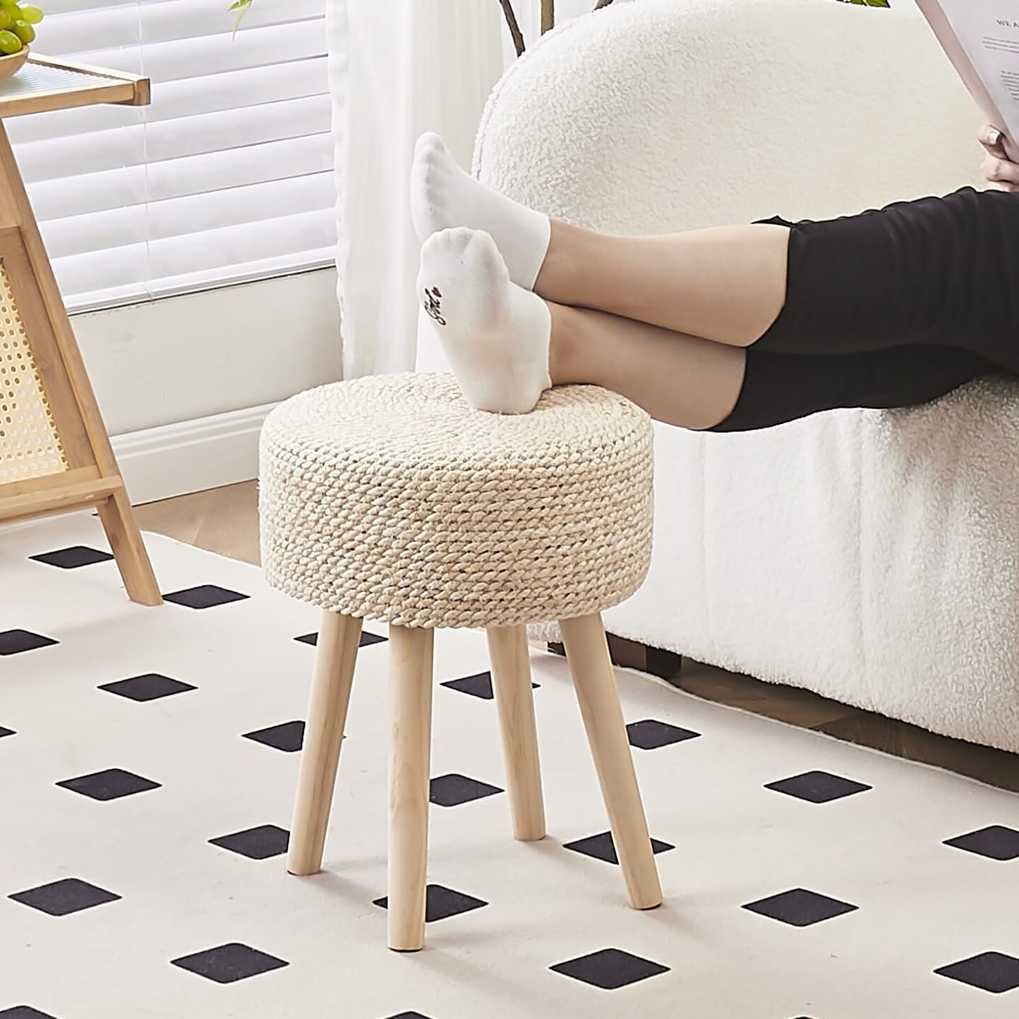 Foot Stool Pouf Ottomans with Solid Wood Legs Hand Weave Footrest Step Stool (13&#x22;D x 13&#x22;W x 16.3&#x22;H) (Natural)