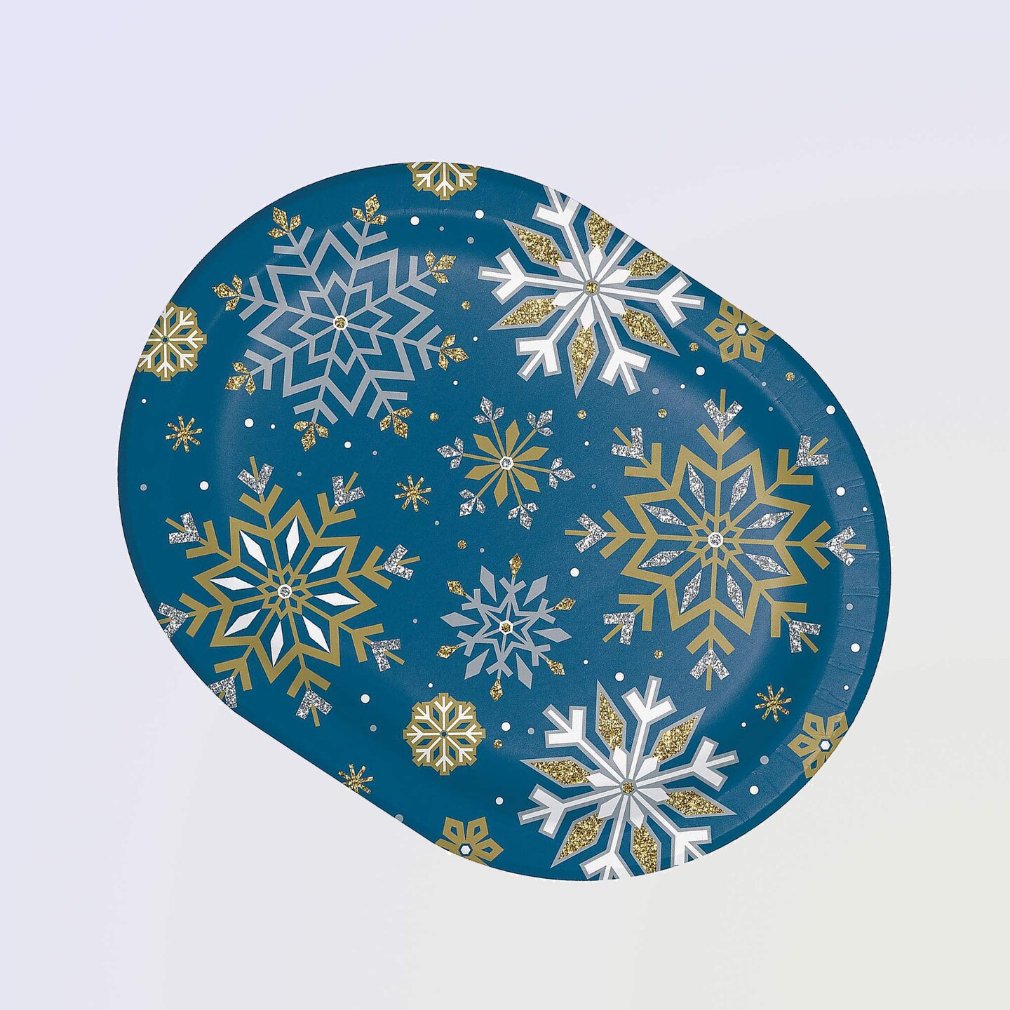 9.25&#x22;x12&#x22; Oval Blue Gold Snowflake Christmas Dinner Plates 24 Count