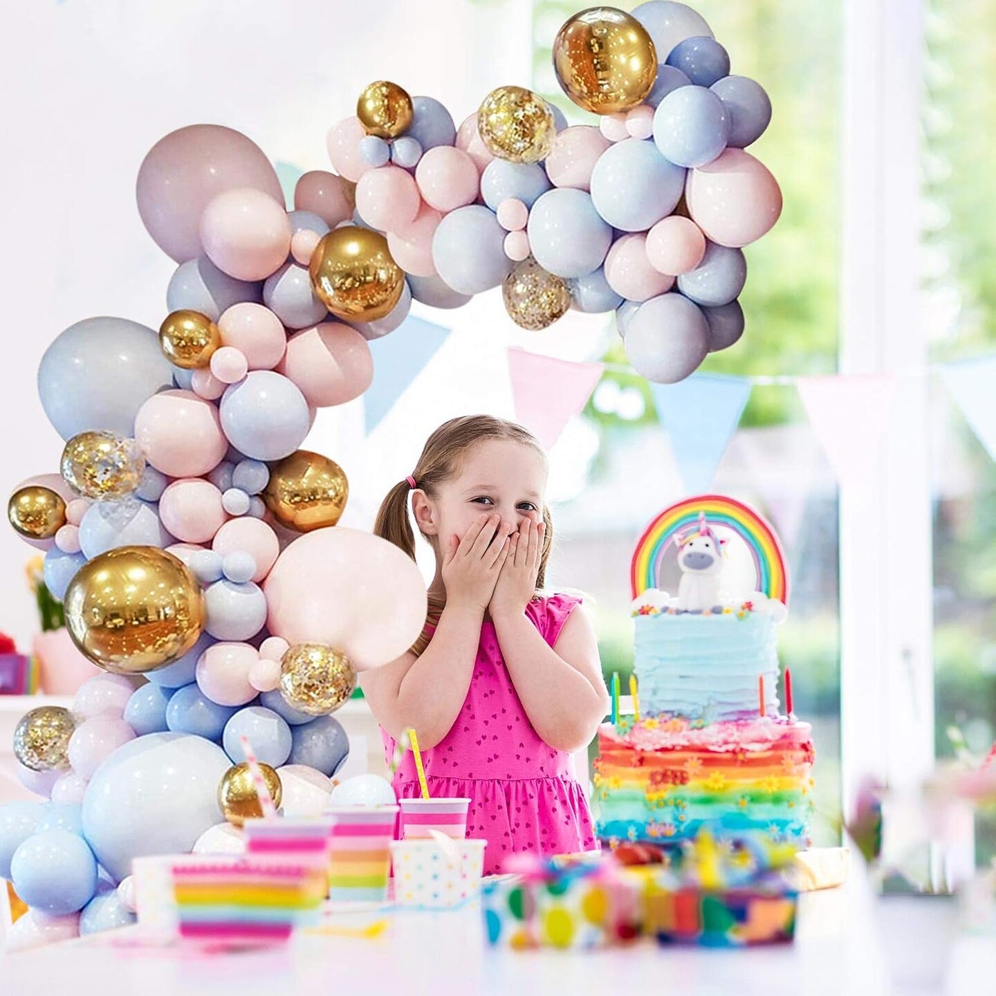 132pcs Balloon Arch & Garland Kit 5"-36" Pink Blue Balloon (Pink Blue Gold)