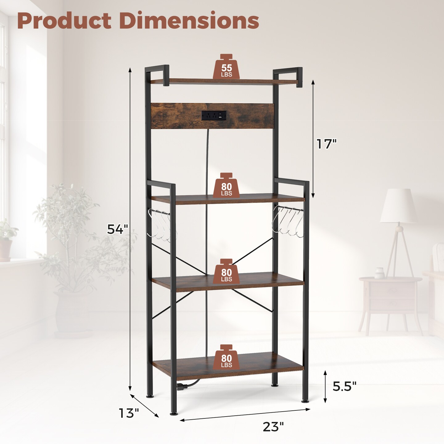 Kitchen Bakers Rack with Power Outlets USB Charging Adjustable Feet and Spacious Display Shelves
