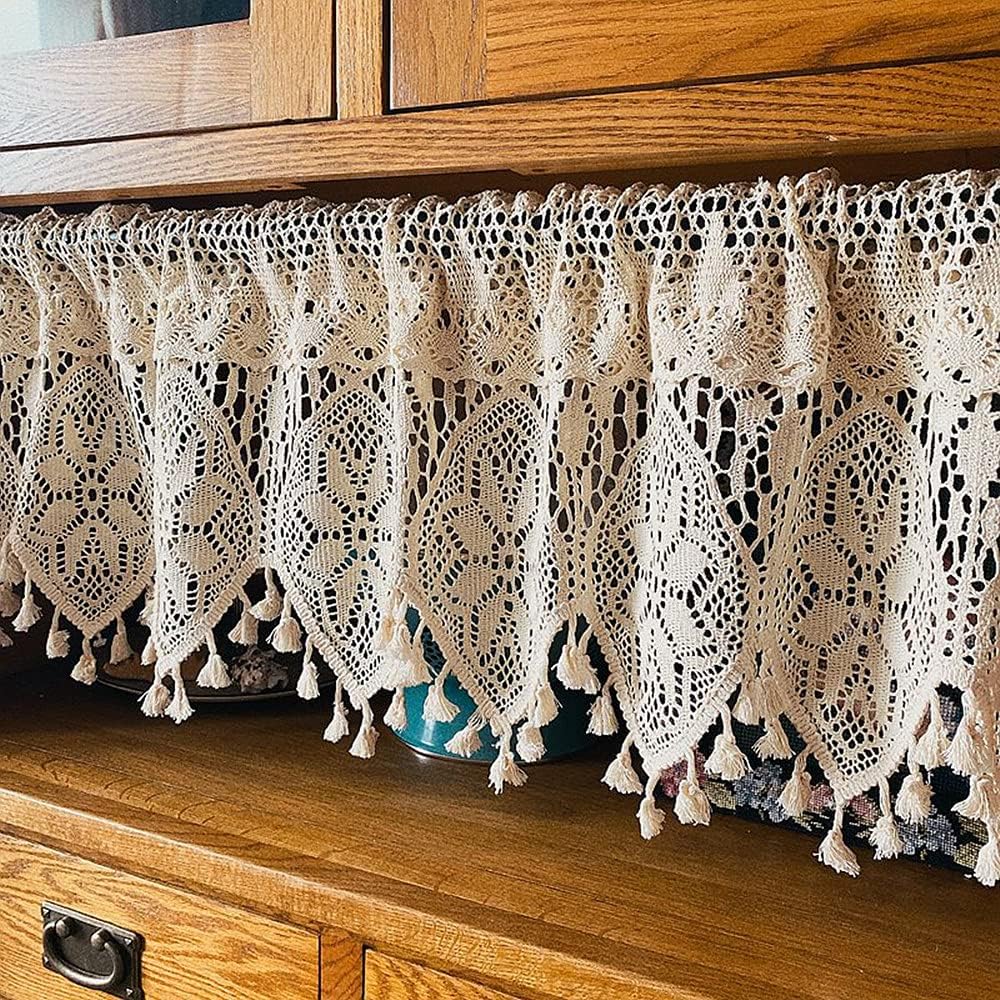 Retro Crochet Curtain Valance for Kitchen Window - 35&#x22;W x 15&#x22;L (Pack of 1) (Beige)