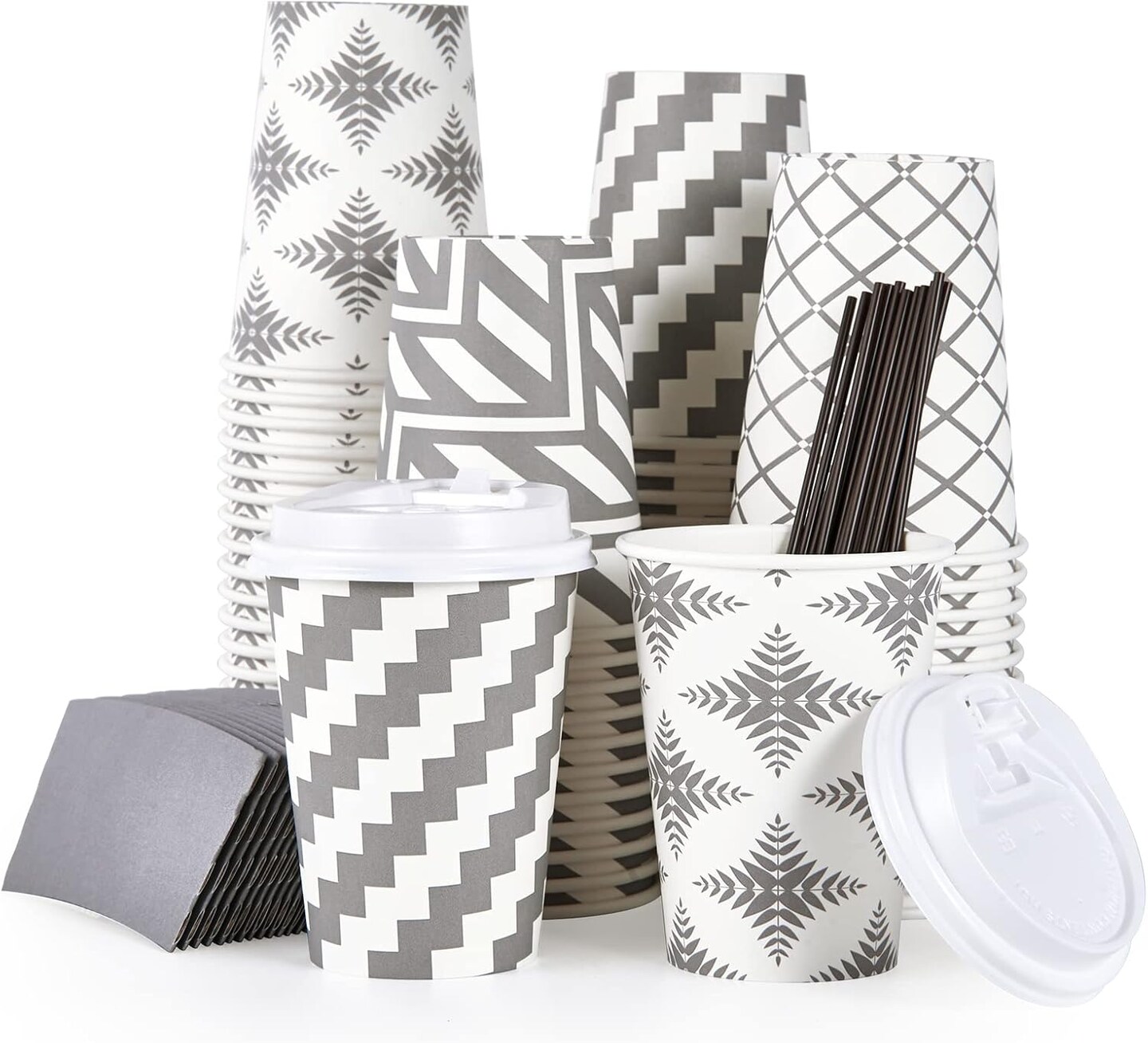 100 Pack 12 oz Paper Coffee Cups with Lid, Sleeve, and Straws, Four Designs of Disposable Hot Coffee Cups for Home, Stores, and Cafes