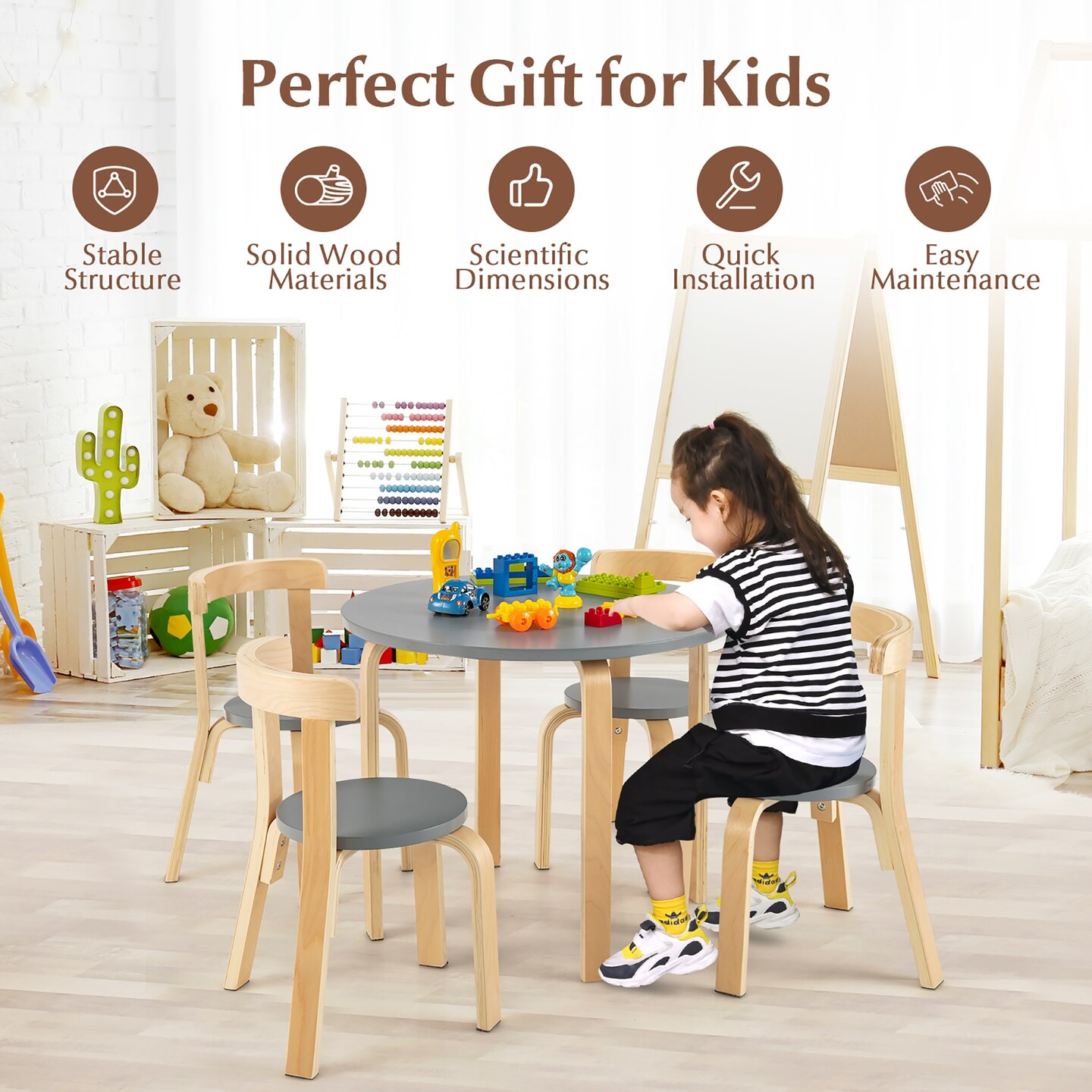 5 Piece Wooden Kids Activity Table and Chairs with Storage Friendly Design