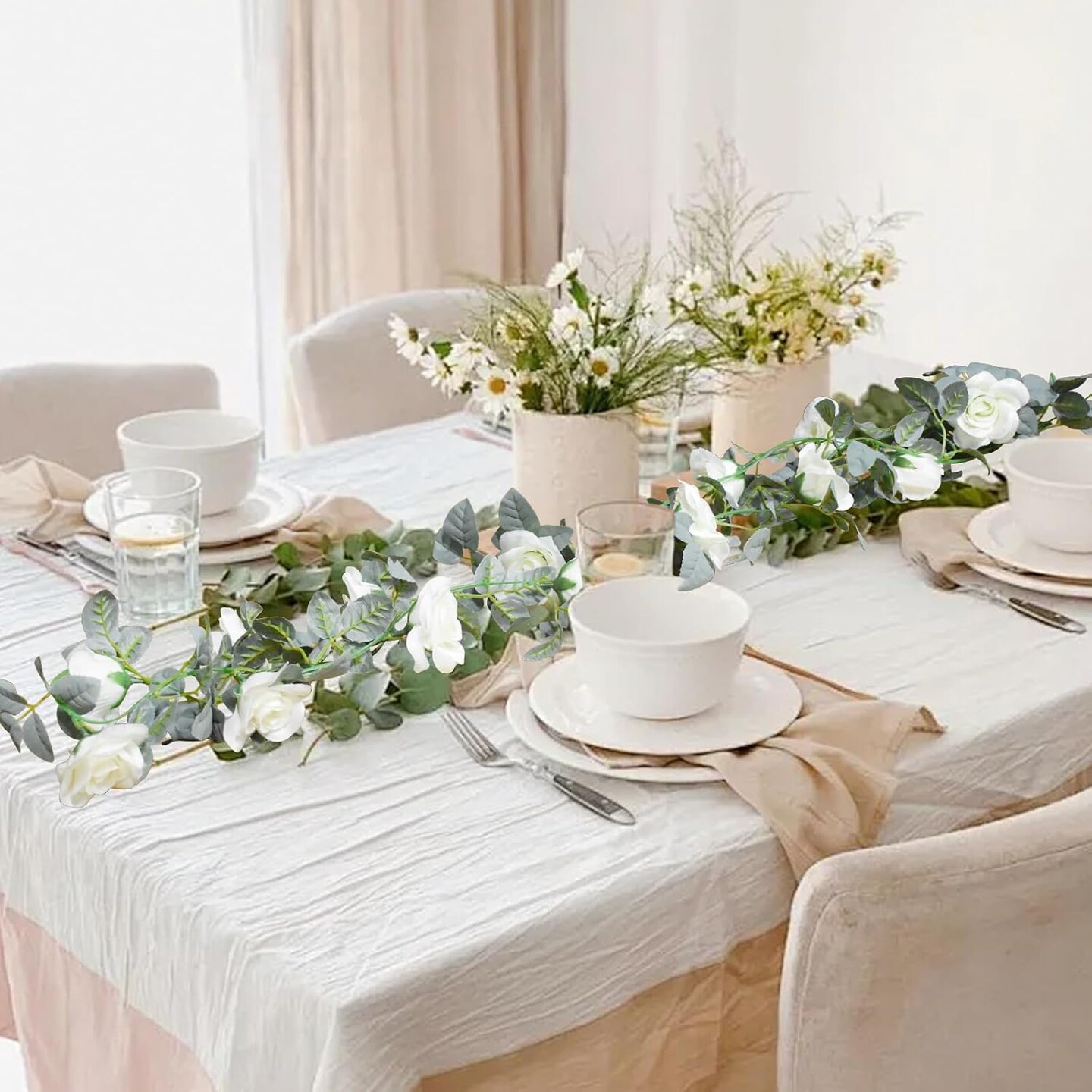 Flower Garland Rose Vine 4Pcs 28FT Artificial Floral Garland with Green Leaves Hanging Rose Vine for Wedding Party Garden Home Wall Decor (White)