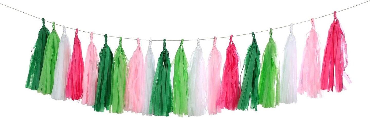 25PCS DIY Tissue Garland Hawaiian Summer Tropical Theme Decor, Hot Pink Green Banner Perfect for Baby Shower Bridal Shower Birthday Party Decorations