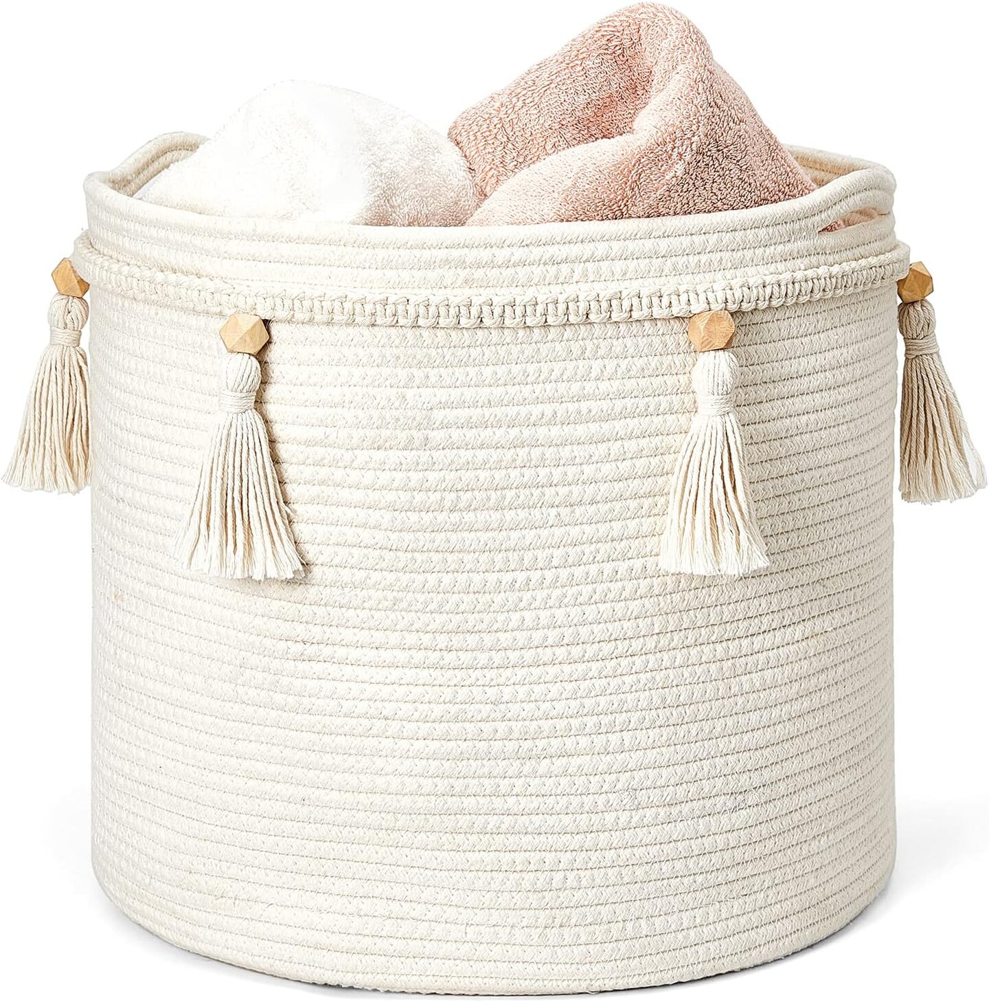 Macrame Decorative Cotton Rope Basket Boho Cute Woven Tassel Closet Storage Bins Organizer (M) 15"x 14"