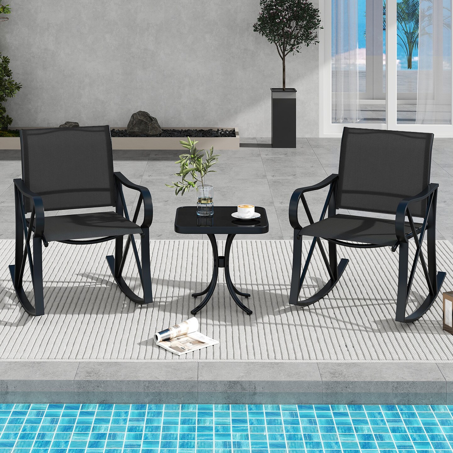 Outdoor Rocking Chair Set with Side Table and Gentle Rocking Motion
